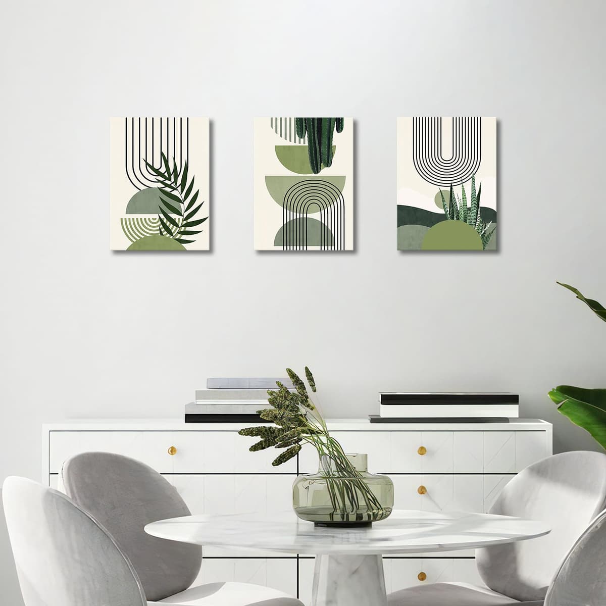 3 Pcs Wooden Framed Canvas Wall Art Set Bohemian Sage Green Canvas Prints Poster Geometric Line Beige Green Pictures for Living Room Bedroom Dinning Room Hallway Stairs Wall Decor 30x40cm x3pcs — view 3