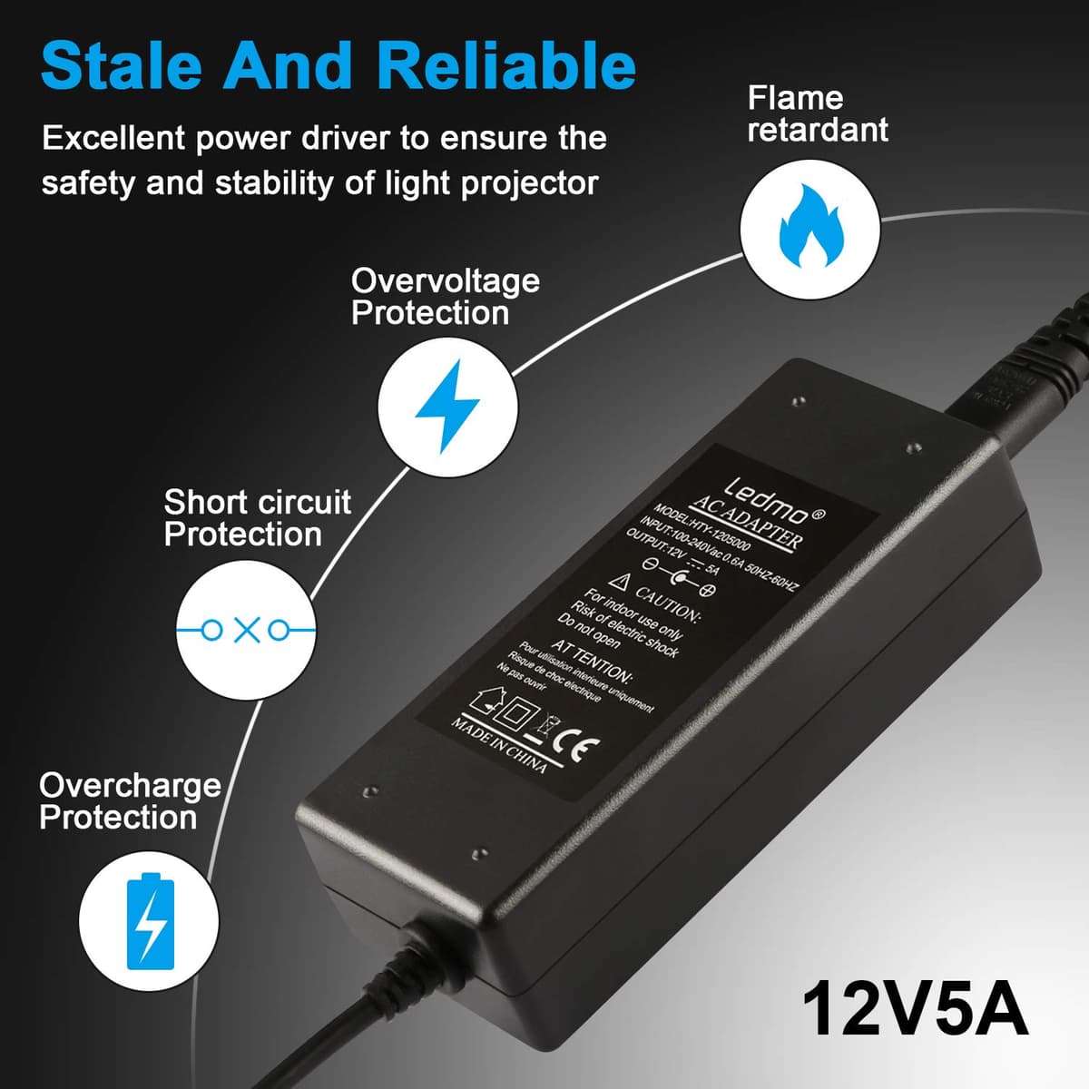 LEDMO Transformador 12V 5A/6A Adaptador de Corriente 60W/70W Fuente de Alimentación Transformador Voltaje de Entrada CA 100-240V a CC 12V — view 2