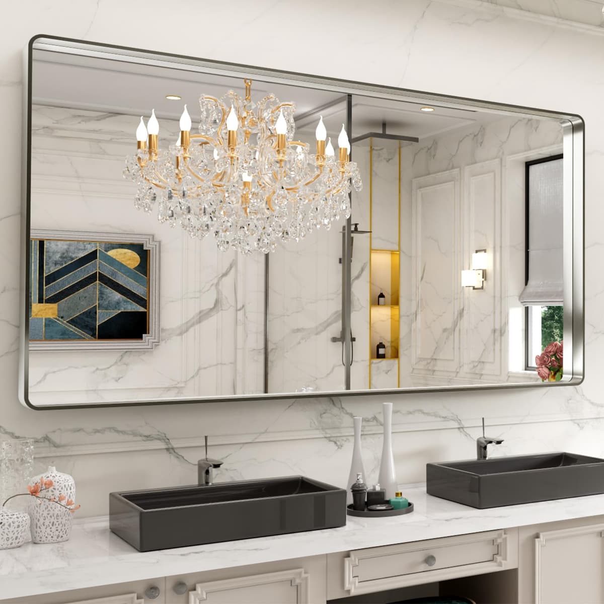LOAAO 48”X36” Gold Bathroom Mirror, Rounded Rectangle Gold Frame Mirror, Brushed Gold Bathroom Vanity Mirror Wall-Mounted, Anti-Rust, Tempered Glass, Hangs Horizontally or Vertically — view 99