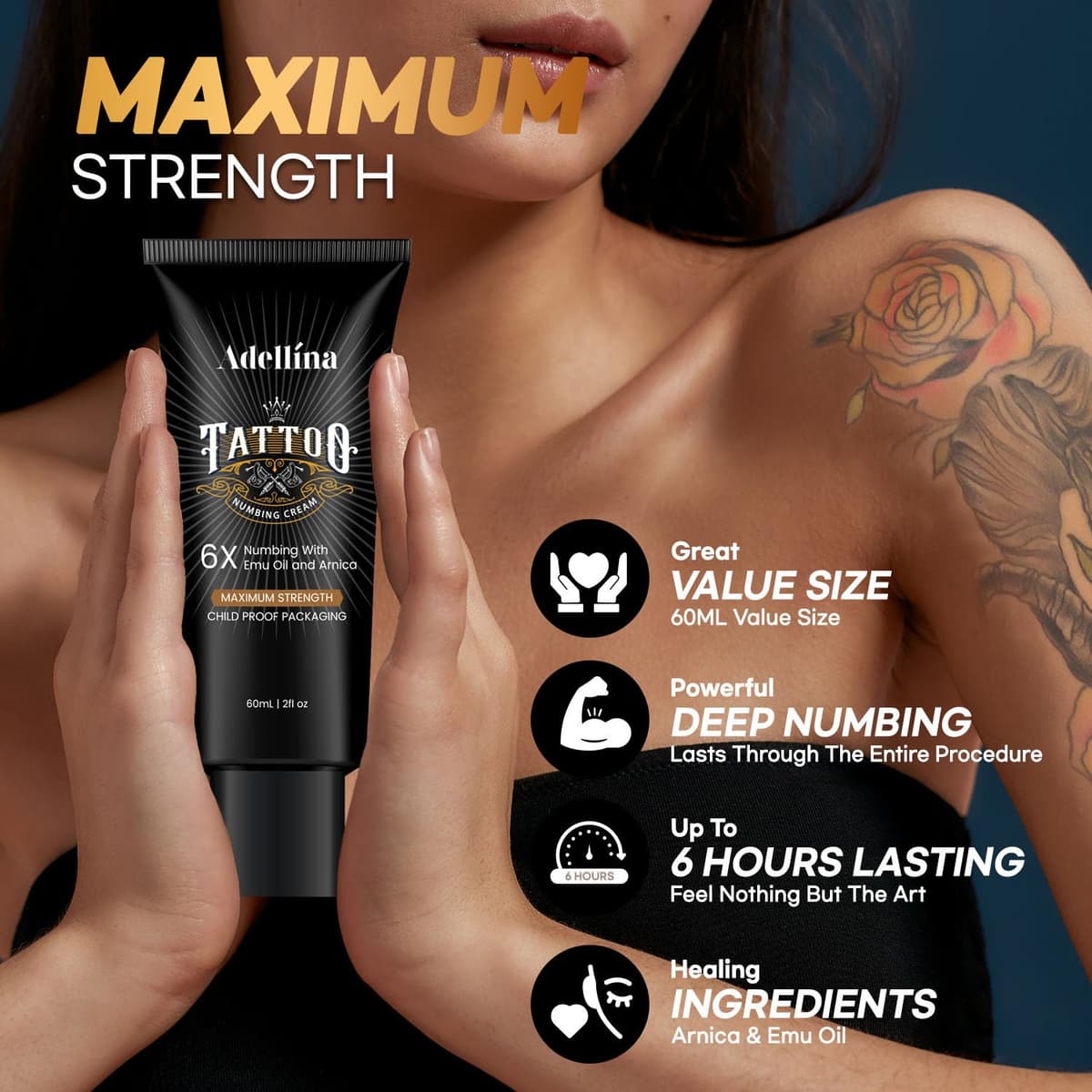 Tattoo Numbing Cream, Maximum Strength Numbing Cream for Tattoos, Waxing & Piercing for Men and Women, Long Lasting Tattoo Cream (2oz / 60g) — view 2