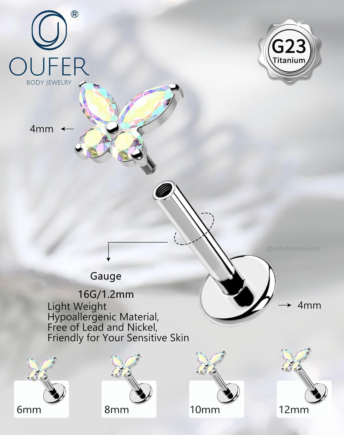 OUFER Body Piercing Labret Earrings: Titanium Lip Stud 16G/1.2mm Internally Threaded Helix Tragus Conch Cartilage Earrings Jewellery Butterfly Medusa Bar 6/8/10/12mm for Women — view 4