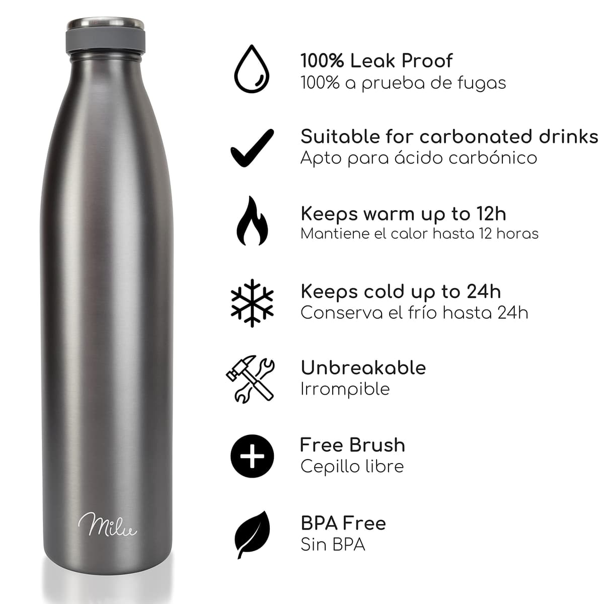 Milu Botella de acero inoxidable de 350ml 500ml 750 ml 1 L 1,5 L botella de agua aislada, termo a prueba de fugas, doble pared, apta para ácido carbónico + cepillo de limpieza (Azul Violeta, 350ml) — view 45
