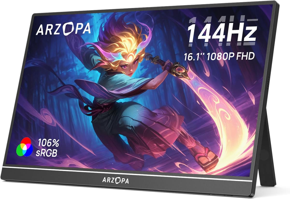ARZOPA 16.1'' 144Hz Portable Monitor with Kickstand, 106% sRGB 1920×1080P FHD HDR 144HZ Gaming Monitor, Ultra Slim - Eye Protection-External Second Screen for Laptop/PC/Mac/PS3/4/5/Xbox - Z1FC