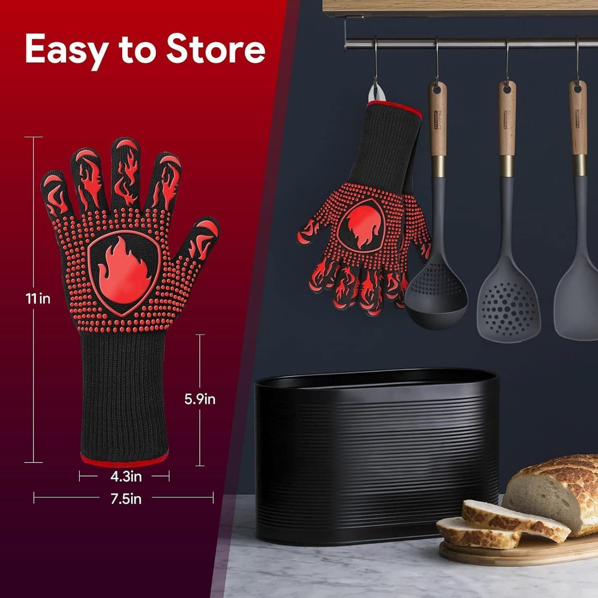 Guantes Barbacoa, Guantes para Horno Resistentes al Calor hasta 800℃ / 1472℉ para Cocina, Parrilla, Hornear, Microondas - certificación EN407(1 Par) (Rojo) — view 5