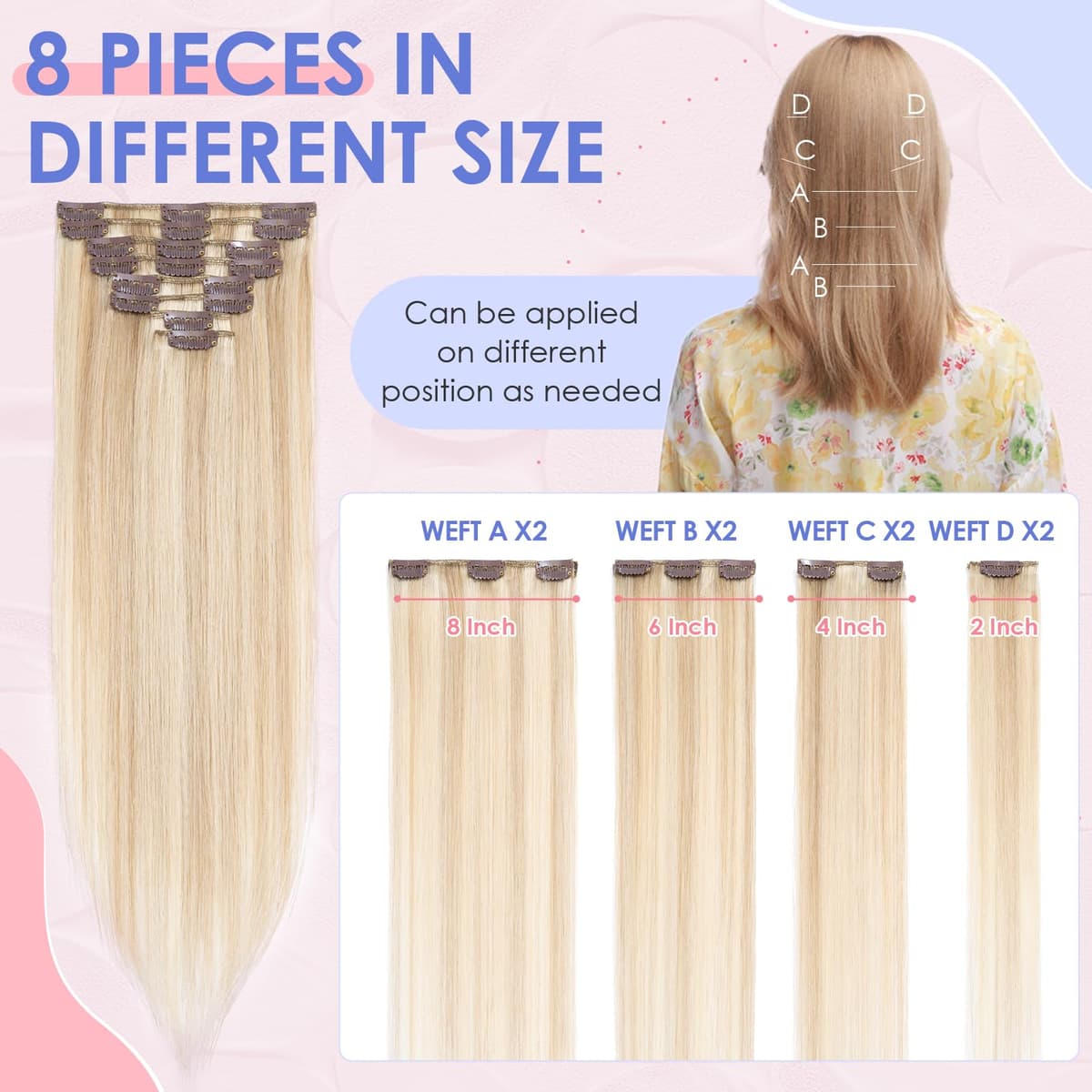 Elailite Clip in Hair Extensions Real Human Hair - 8 Pieces Thin Weft Full Head Remy Hair Straight - #18/613 Ash Blonde Mix Bleach Blonde - 8 Inch (45 g) — view 5