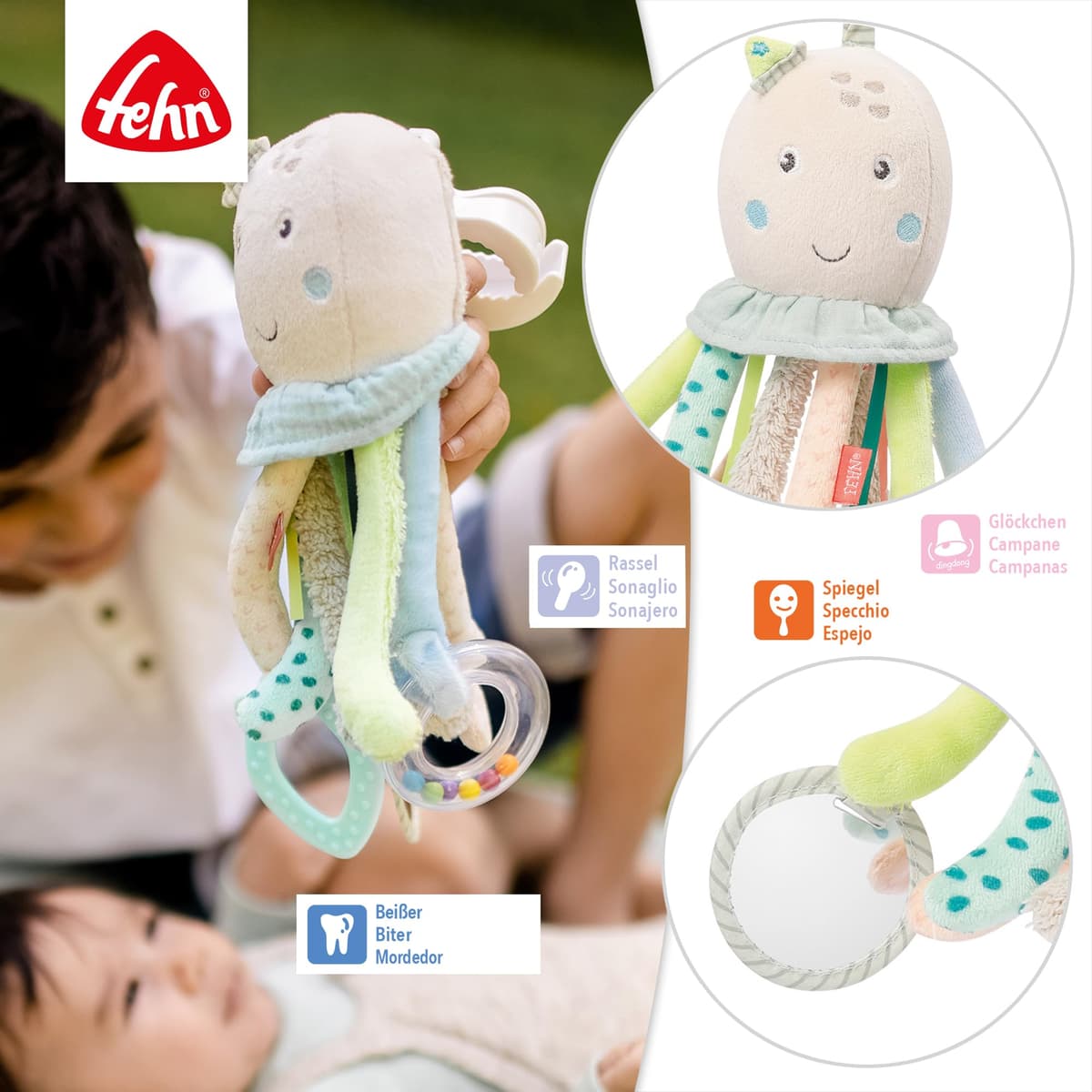 Fehn pulpo de actividades - juguete para desarrollar la motricidad para cochecitos, cunas y sillas de bebé - para morder, agarrar y hacer ruido - Para bebés y niños pequeños a partir de 0 meses — view 3