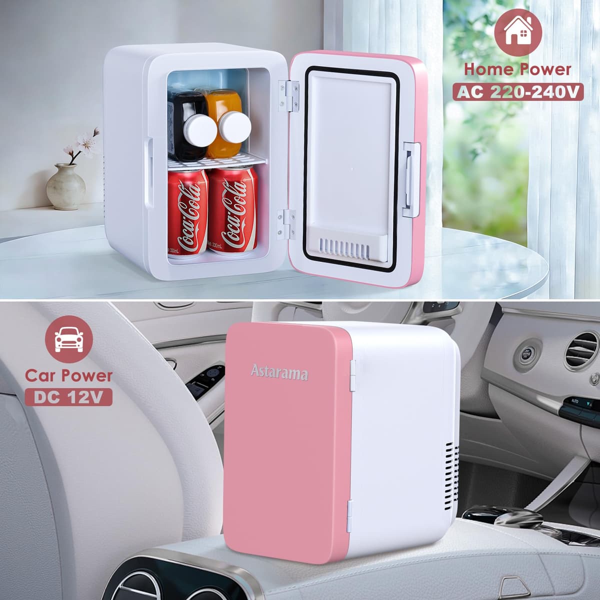 Astarama Nevera Pequeña,6 Litros/8 Latas, 220V AC/12V DC, Enfriador y Calentador Termoeléctrico, Mini Nevera Compatible Coche y Caravanas.Mini Frigorifico Para Bebidas, Cosméticos. (Rosa) — view 4