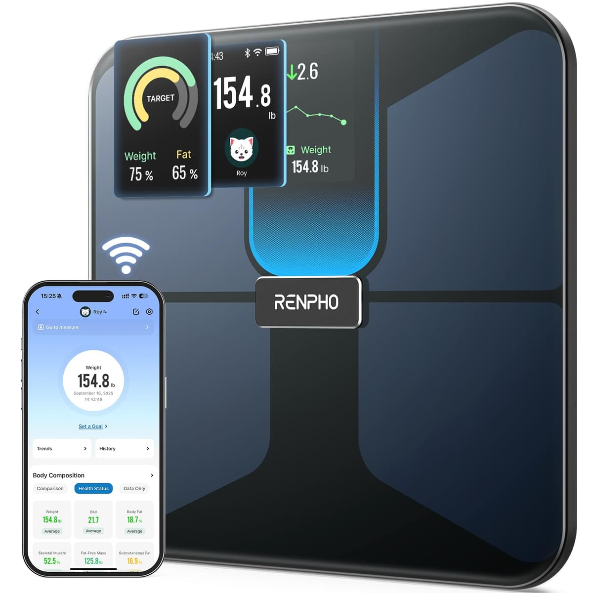 Báscula De Baño Digital RENPHO, Báscula De Peso Corporal De Alta Precisión Con Pantalla Iluminada, Graduación de 0,1 lb (50 g) precisión, Tecnología Step-On, 180kg/400lb, Negro, Core 1S — view 12