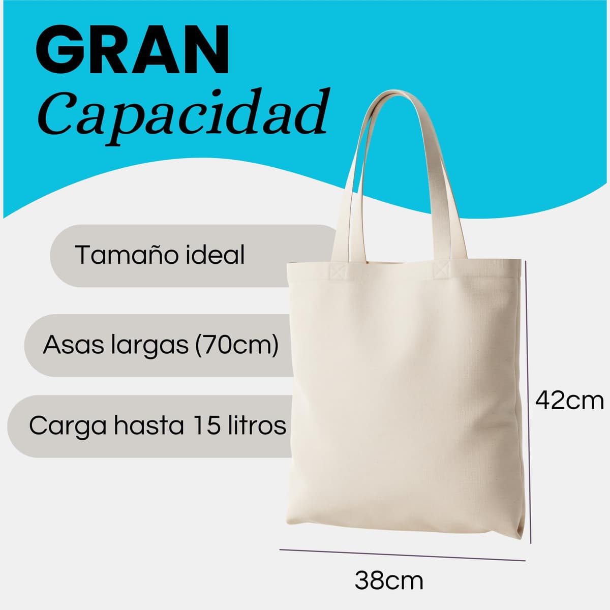 Pack Tote Bag 100% Algodón Natural Reutilizables de 42x38cm y 140 g/m² – Bolsas de Tela Resistentes para Uso Diario con Asas Largas de 70cm y Tamaño Práctico — view 5