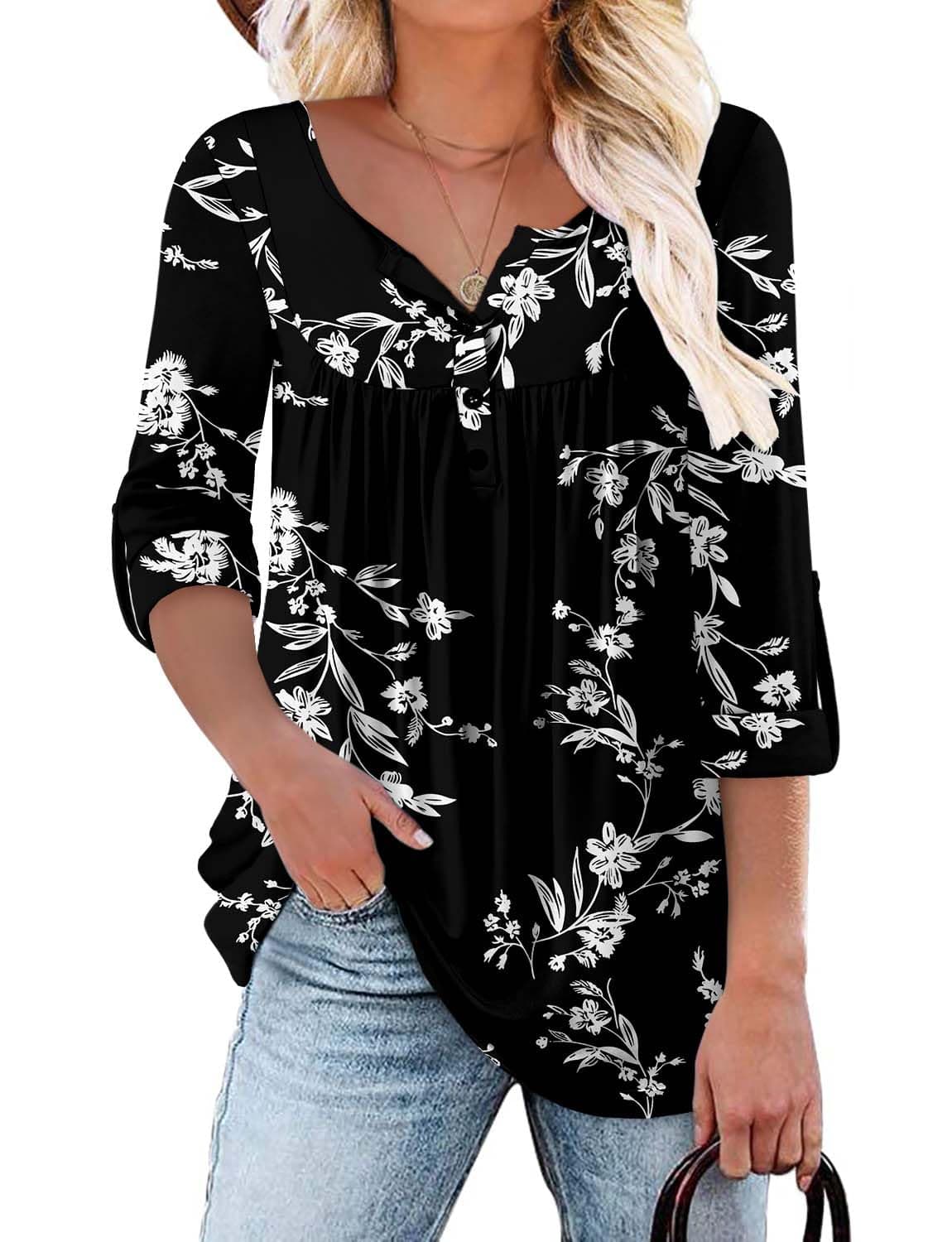 KISSMODA Ladies Pleated Tunic Tops for Women Buttons up Long Sleeve Shirts Floral Print — view 16