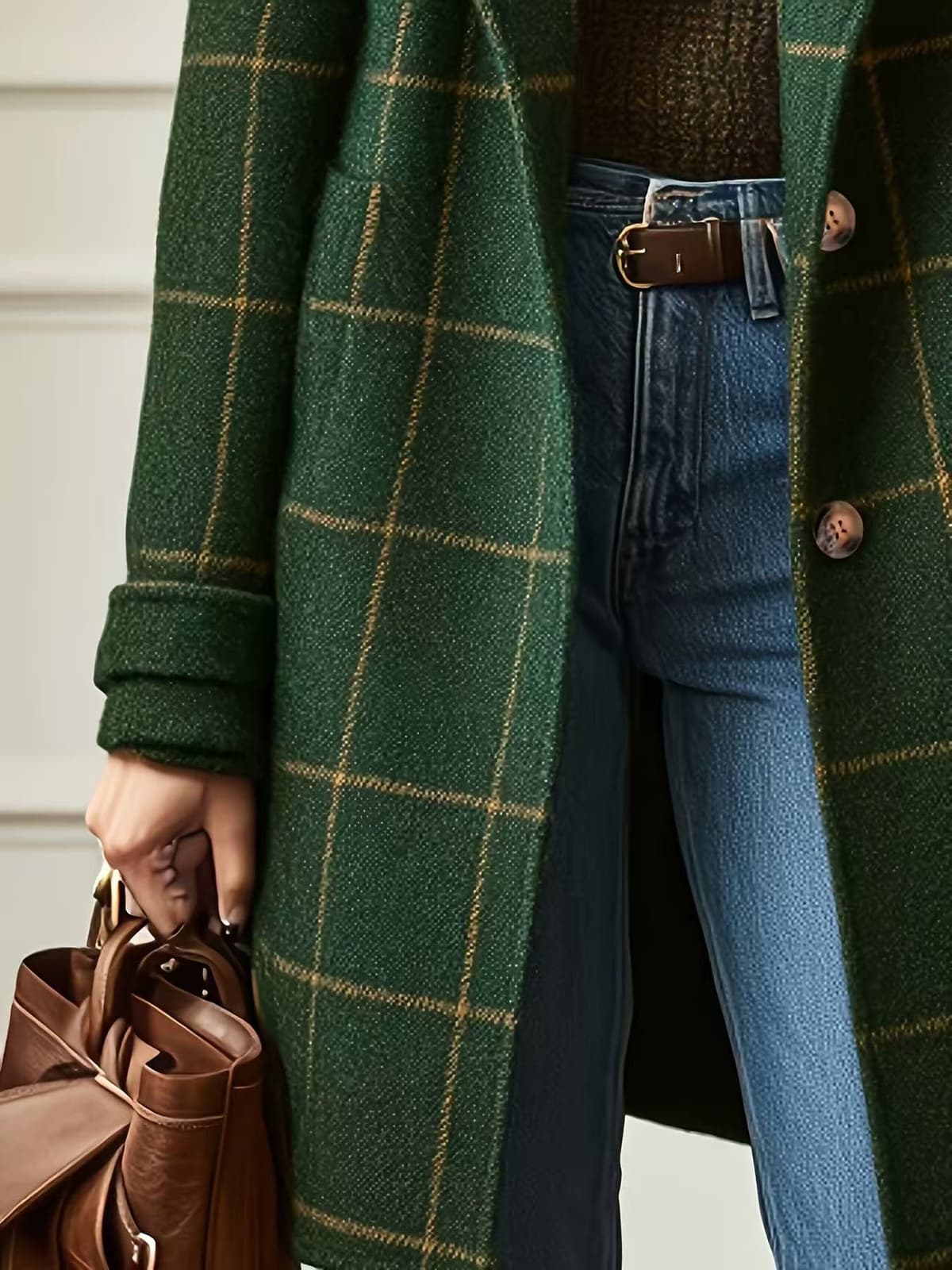 Women's Retro Plaid Lapel Coat, Mid-Length Casual Elegant Outerwear for Autumn Winter — view 5