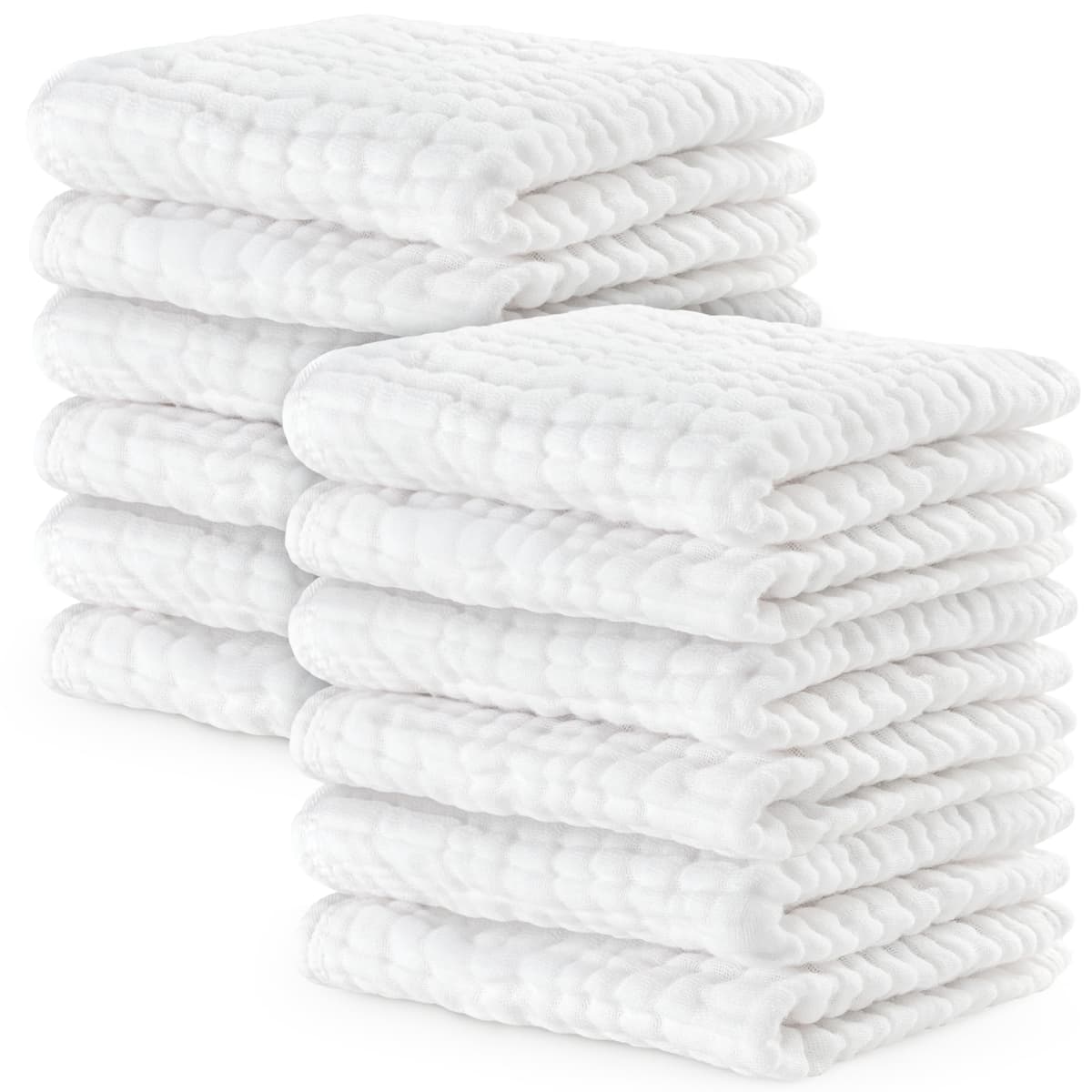 Comfy Cubs Muslin Cloths for Baby Pack of 10 - Soft 6-Layer Cotton for Delicate Skin - 25 x 25 cm Large Size - Absorbent, Durable, Gentle Wash Cloth for Newborns and Toddlers - White