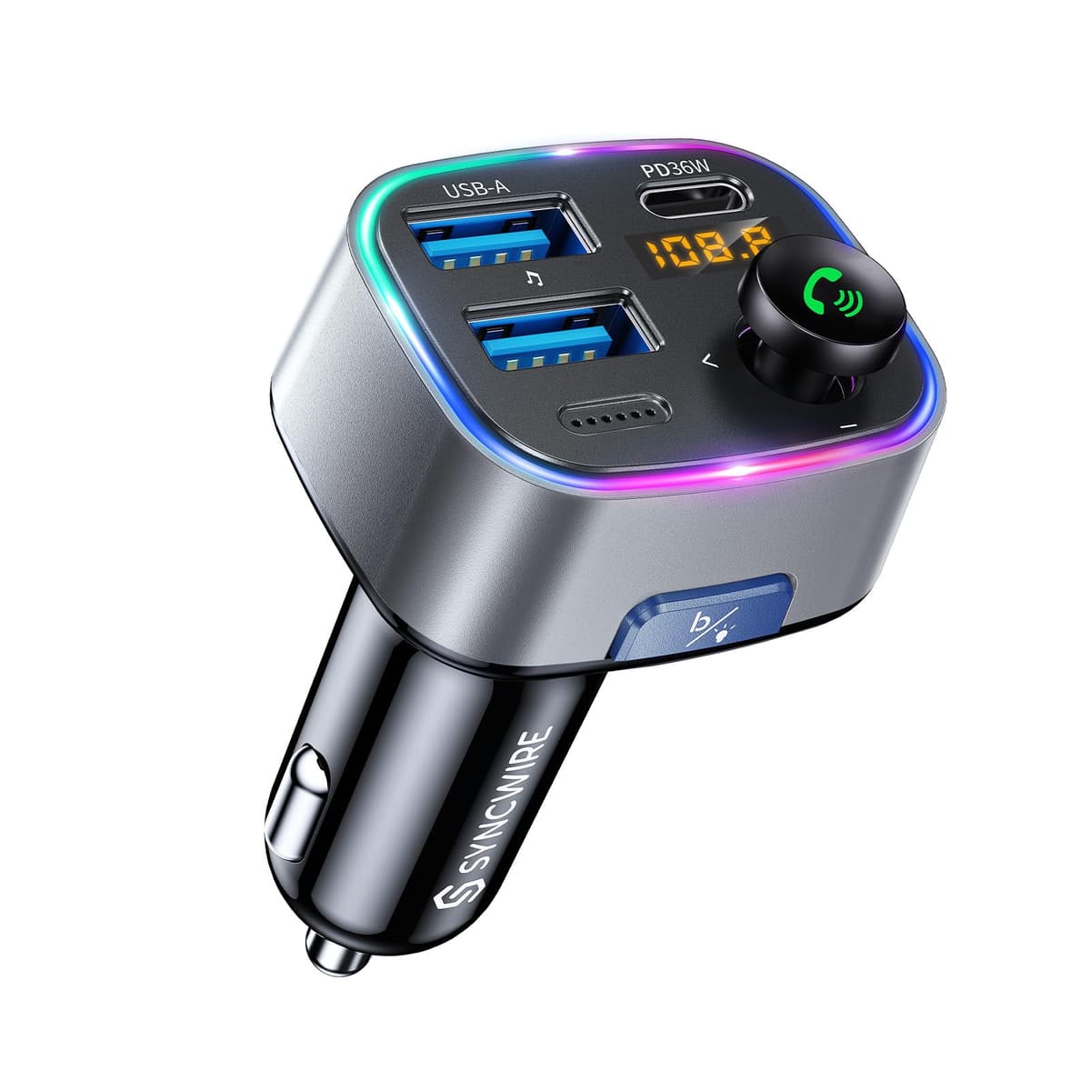 Syncwire Bluetooth 5.4 FM Transmitter Car Adapter 48W (PD 36W & 12W) [Light Switch] [HiFi Bass Sound] [Fast Charging] Wireless Radio Music Adapter LED Display Hands-Free Calling Support USB Drive — view 10