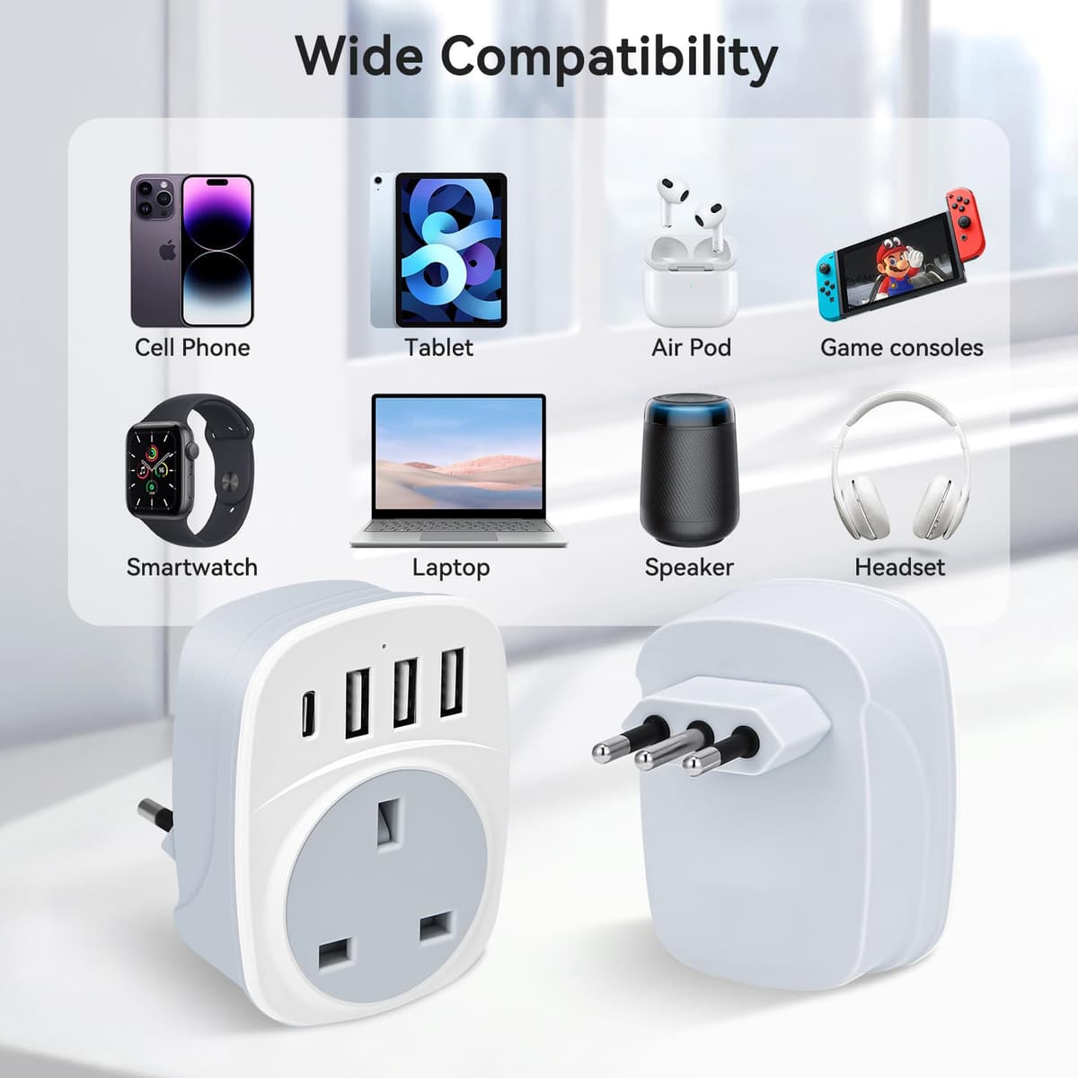 UK to Italy Plug Adapter,SHUOMAO UK to Italy Travel Adapter with 4 USB(17W USB C Charger),Converter Power Adapter for Italian Chile Ethiopia Libya Syria Tunisia Uruguay(Type L) — view 6
