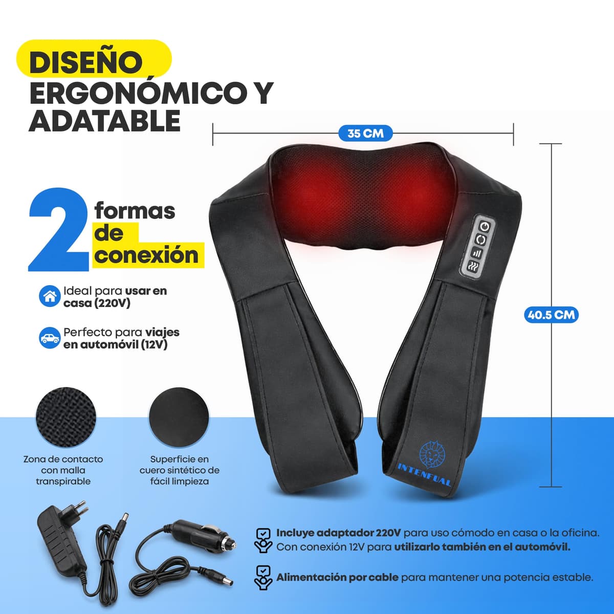 Masajeador Cervical y Espalda Shiatsu con Calor, Masajeador de Cuello, Hombros y Lumbar con 2 Nodos Rotatorios y 4 Cabezales, 3 Intensidades, Masaje Profundo 3D, Uso en Casa y Coche (No Inalámbrico) — view 4