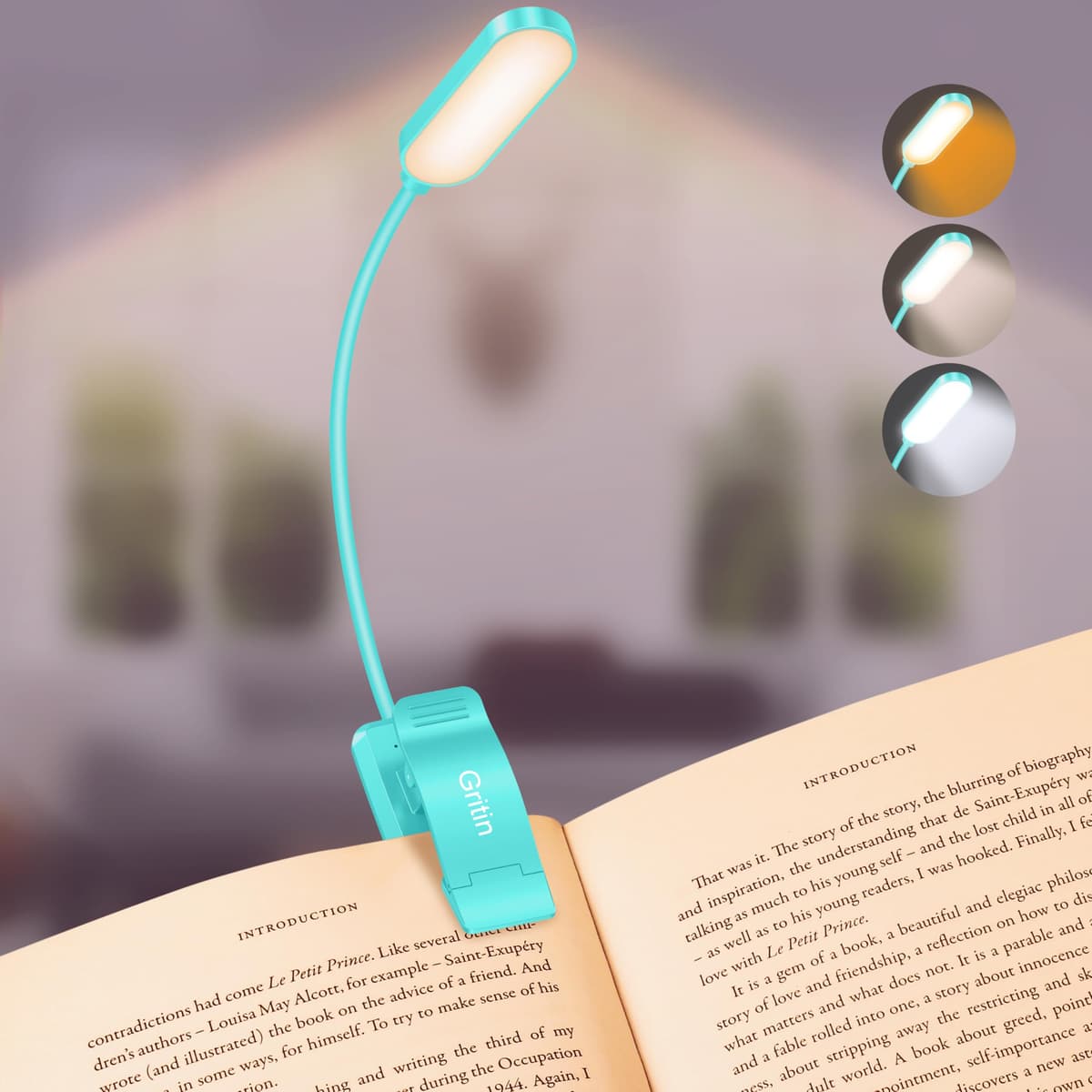 Gritin 16 LED Reading Light, Book Light 3 Eye-Protecting Modes Book Lamp (White/Amber/Mixed) - Stepless Dimming, Rechargeable, Long Battery Life, 4-Level Power Indicator, Flexible Clip on Book Light — view 10