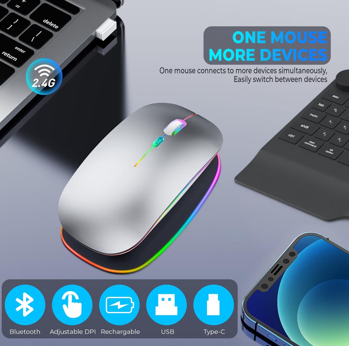 Wireless Mouse for Laptop With 2 USB A to USB C Adapter, 2.4GHZ Bluetooth Mouse Rechargeable, US B Mouse 3 Buttons-Laptop Mouse Wireless PC Mous e 800 to 2400 Dpi, Lapto p Mouse Computer Accessories — view 2