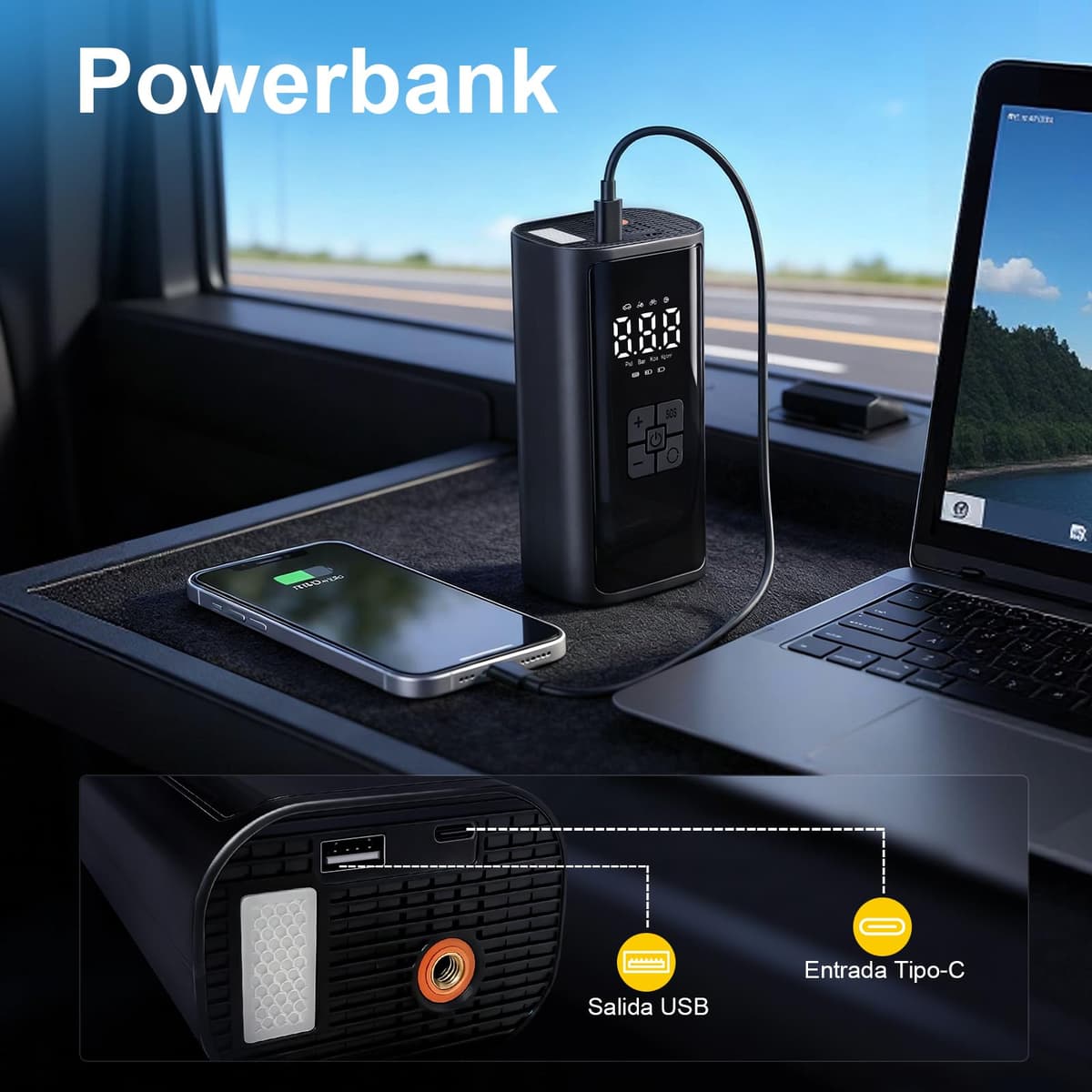 Compresor Aire Portátil, Inflador Ruedas Coche, 150PSI 12V 6000mAh Mini Compresor de Aire con Luz LED, Hinchador Ruedas Coche para Bicicleta, Coche, Moto, Vcooter, Balones — view 7
