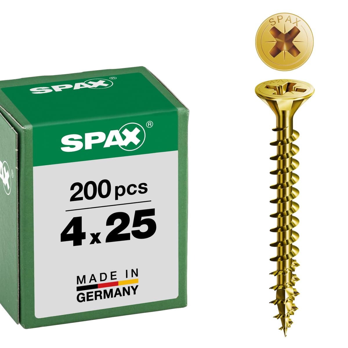 Spax 1081020400253 - Tornillo universal, 4,0 x 25 mm, 200 piezas, cabeza avellanada, cruz receso z 4cut, rosca completa,