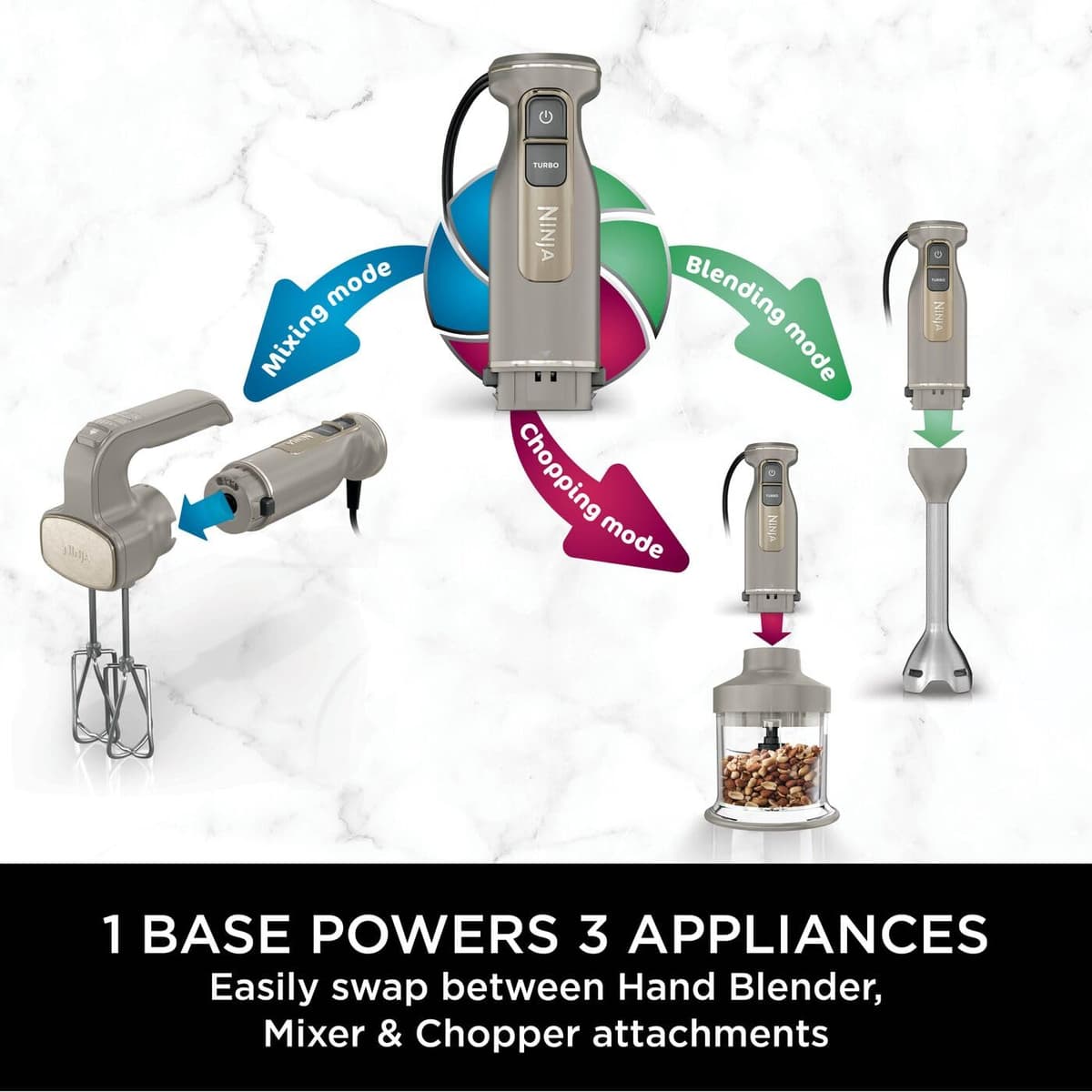 Ninja Foodi 3-in-1 Hand Blender, Hand Mixer & Chopper with Gradual Start, 2 Blending and 5 Mixing Speeds to Chop, Mix, Knead, Blend and more, Dishwasher Safe Parts, 850W, Stone Gold CI100UKSTGD — view 2
