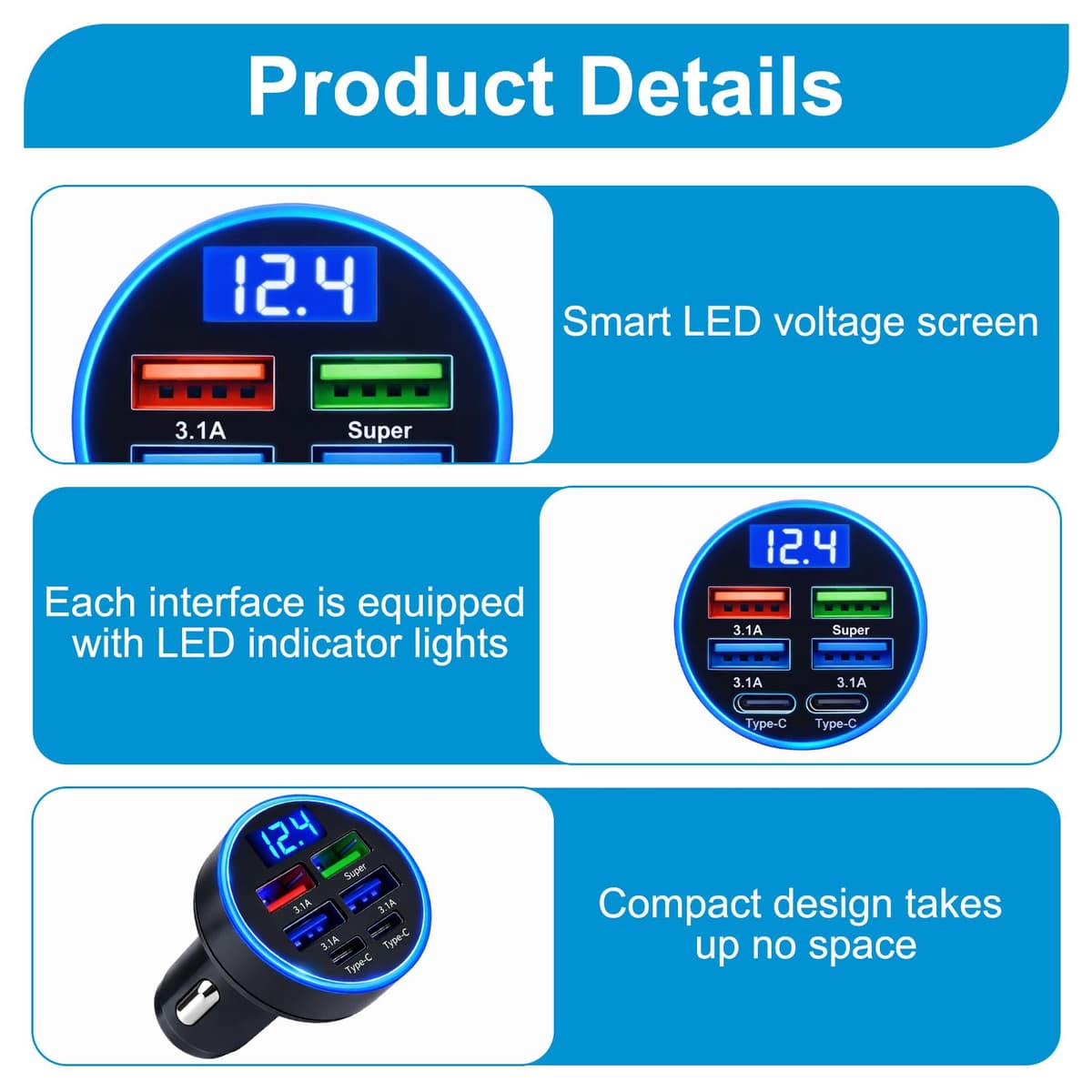 LED USB Car Charger Adapter 6 In 1, 6-Port 12/24V Fast USB Car Charger, 2 Type-C Ports Plus 4 USB Ports Cigarette Lighter USB Charger with Led Voltmeter, Compatible with Most Mobile Phones — view 3