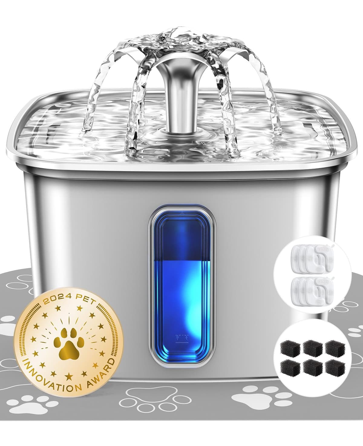 Veken Innovation Award Winner Stainless Steel Cat Water Fountain, 108oz/3.2L Automatic Pet Fountain Dog Water Dispenser with 3 Replacement Filters & Silicone Mat, Gifts for Cats, Dogs (Silver) — view 13