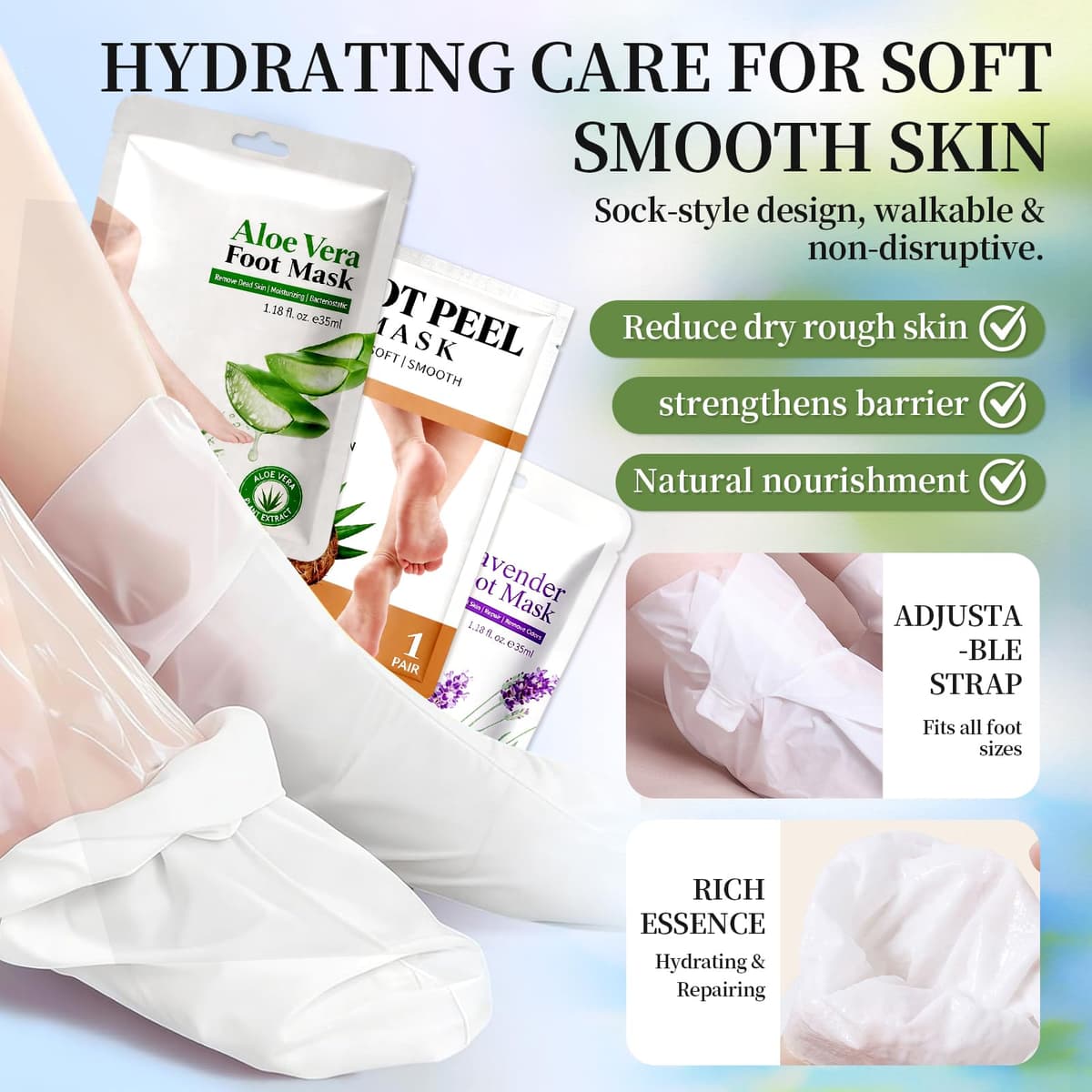 3 Pares Mascarilla Pies Exfoliante y Hidratante, Calcetines Exfoliantes de Pies para Eliminar Durezas y Callos, Peeling Pies Profesional para Pies Suaves, Coco, Lavanda, Aloe Vera — view 4