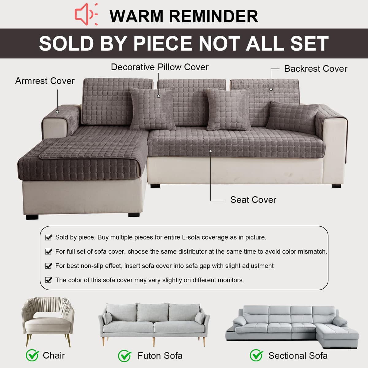 SHANNA Terciopelo Funda Sofa Chaise Long 1 2 3 4 Plazas Protector Cubre Sofa, Ajustable Manta de Sofá Antideslizante Universal, Funda de Sofa Súper Suave para Sala de Estar (Marrón, 70 * 70 cm) — view 3