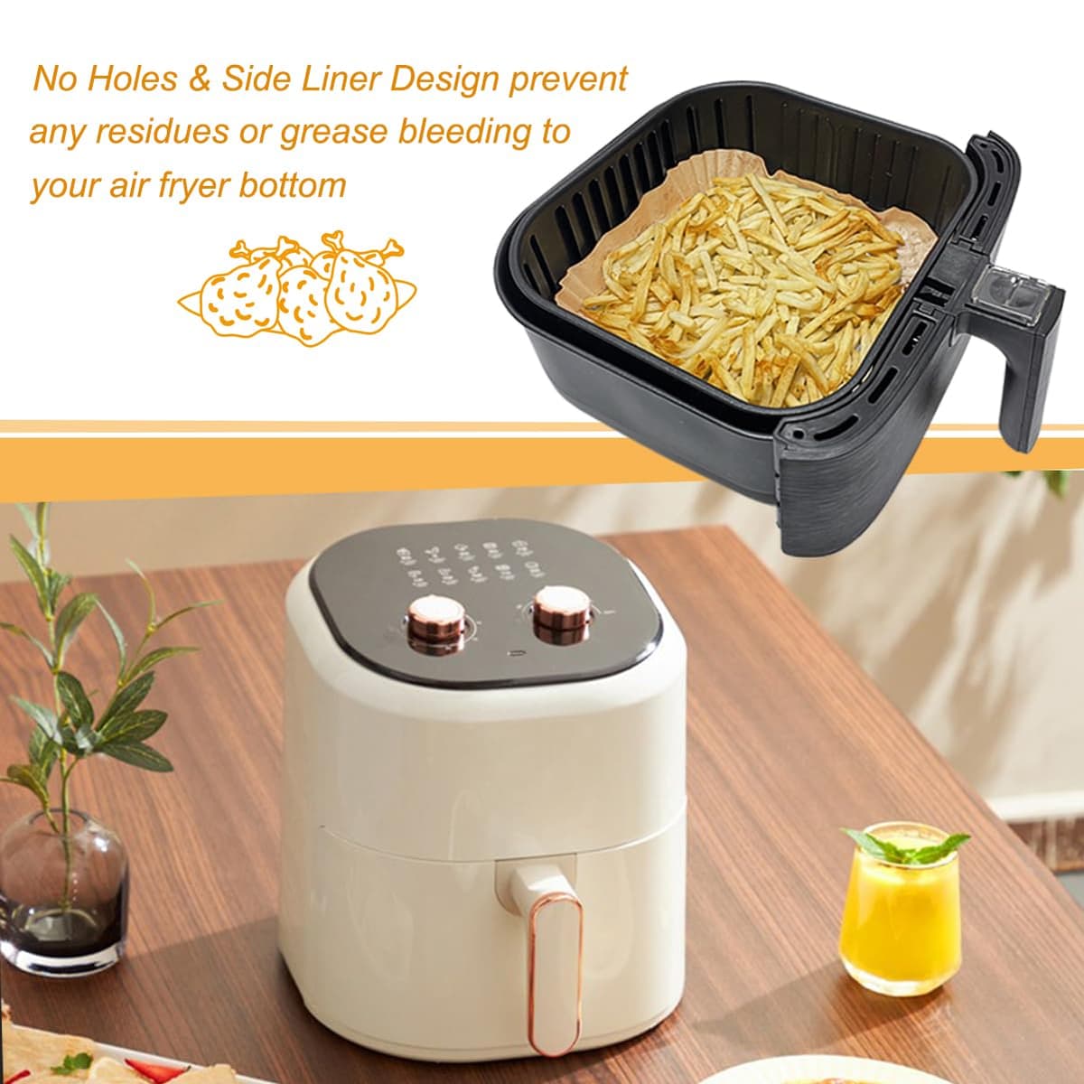 BYKITCHEN Air Fryer Parchment Paper Liner, 50PCS Square Air Fryer Liners Disposable, Greaseproof Paper, Compatible with COSORI, Ninja, Tefal, Russell Hobbs Fryers (Unbleached) — view 7