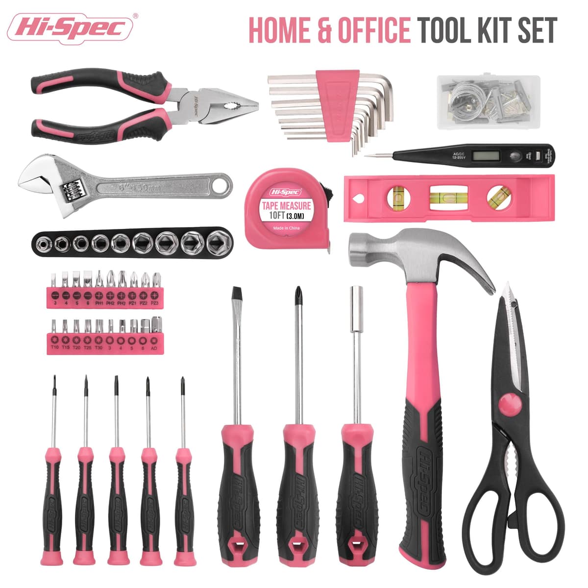 Hi-Spec 56pc Pink Home & Office DIY Tool Kit Set. Complete Household Tool Box with Essential Hand Tools Included for Basic Repairs, Maintenance & Home Improvement Projects — view 2