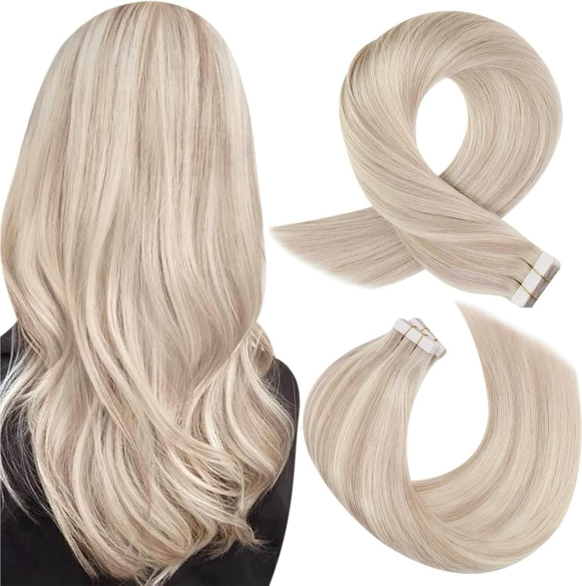 Moresoo Tape in Human Hair Extensions 20 Inch Highlight 50g/20pcs Tape in Hair Extensions Human Hair Ash Blonde with Platinum Blonde #P18/613