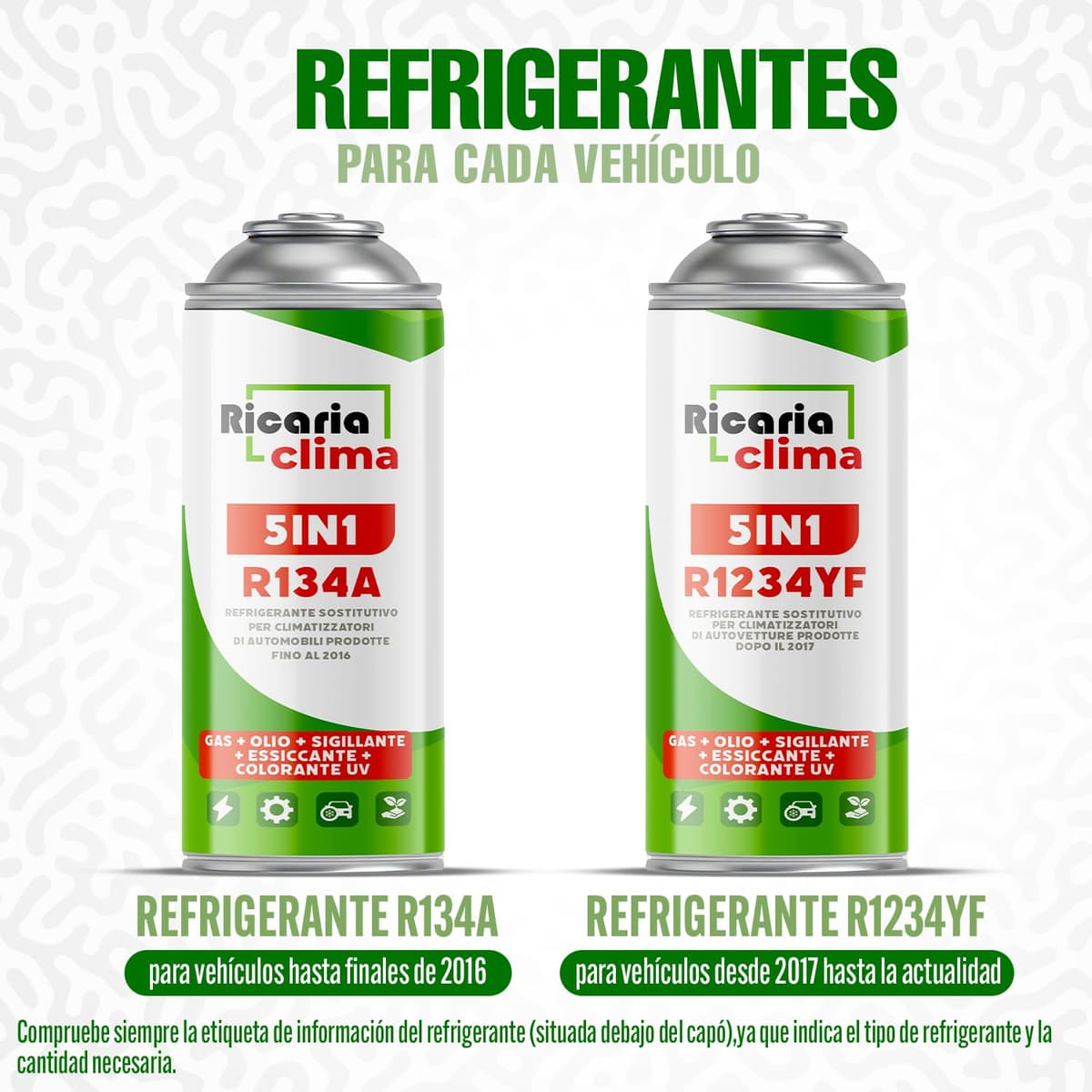 5 en 1 – Refrigerante R134a + Manguera de 235 g para Aire Acondicionado de Coche con Aceite, sellador de Fugas, trazador UV y deshidratante – Protege el compresor — view 5