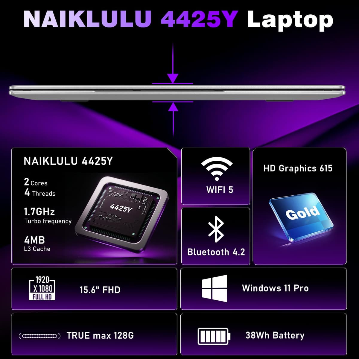NAIKLULU 15.6 Inch Laptop with 4425Y Processor, 8GB RAM 256GB SSD Laptop Computer Pc 2026, FHD 1920 x 1080P, 5000 MAh/38.5Wh, Wifi 5, TF Card, Webcam, Touchpad, Student/Home/Business — view 2