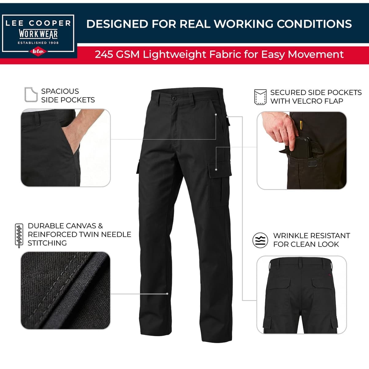 Lee Cooper Men's Cargo Trousers with Multi Pocket Easy Care Safety Workwear Pants Durable Heavy-Duty Work Trouser Regular Fit Button & Zip Closure Pant for Men Casual Wear (Black, 36W / 33L) — view 7