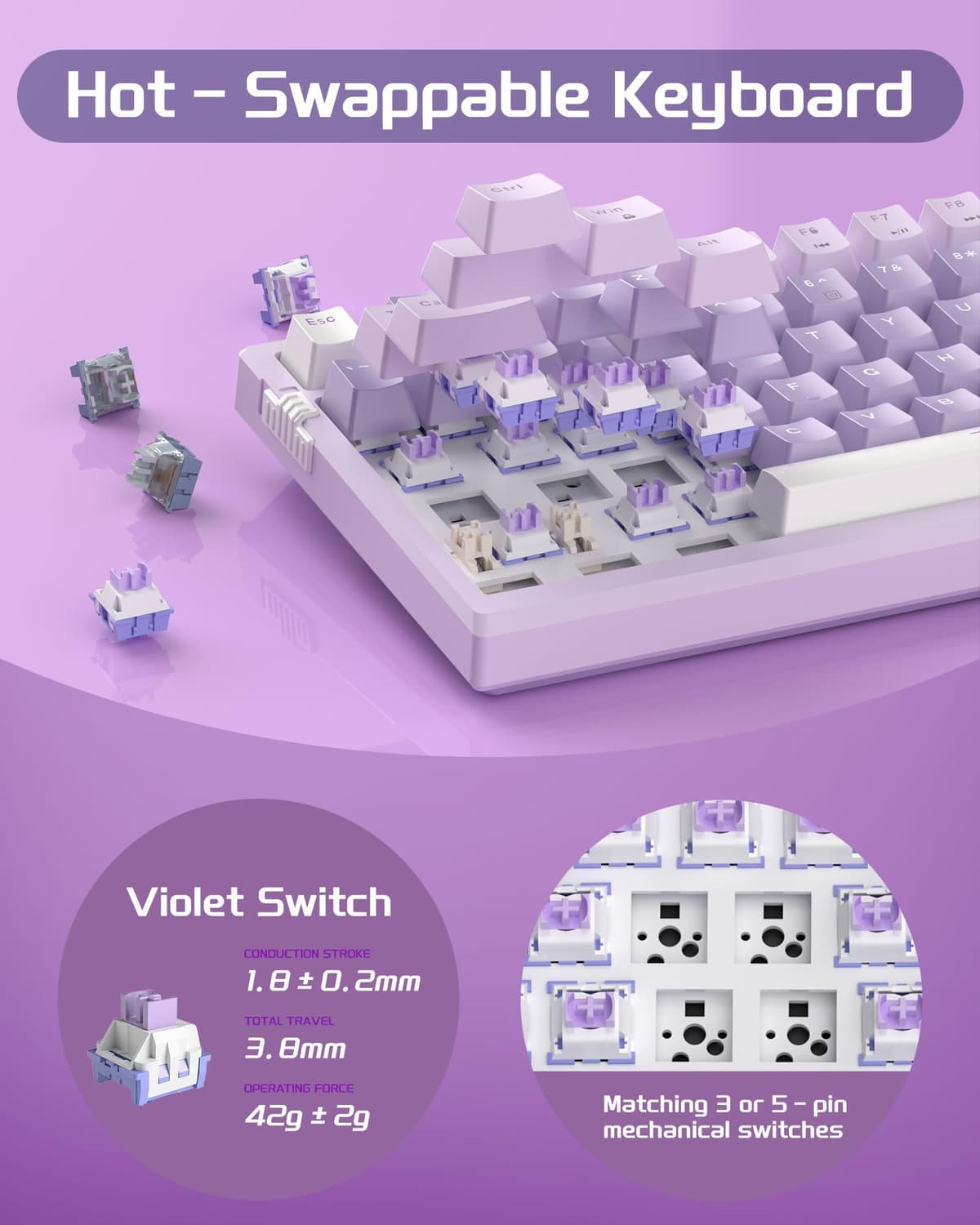 MageGee SKY98 Mechanical Gaming Keyboard, 96% Gasket Hot Swappable Wired Custom Creamy Keyboard with 5-Layer Sound Dampening, RGB Backlit, NKRO for Win/Mac (Violet, Violet Switch) — view 4