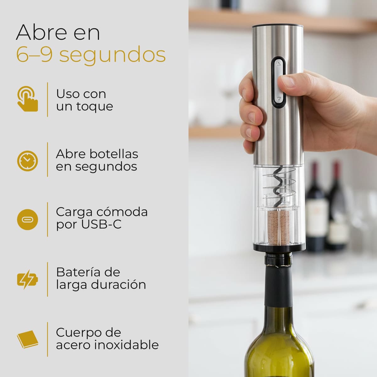 Kuky Cuisine Sacacorchos Eléctrico Recargable para Vino con Cortacápsulas, Tapón de Vacío y Anillo Antigoteo, Set Abridor en Caja Regalo — view 2