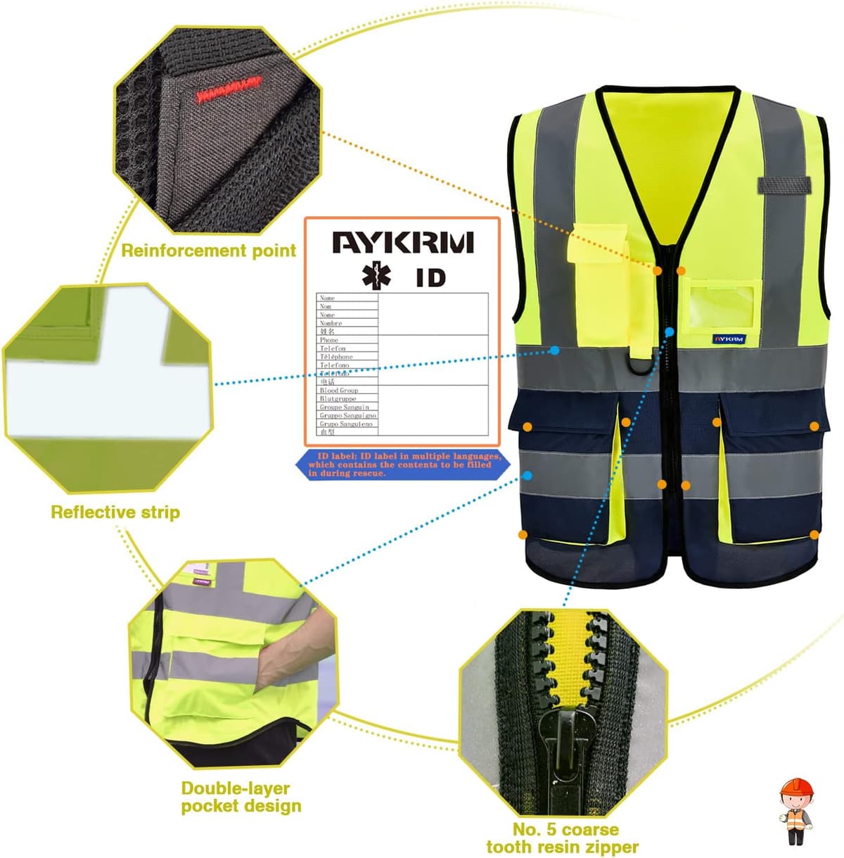 AYKRM Safety Vest Reflective High Visibility Workwear Vest Zipper Safety Work Vest Multi-pockets 21 Colors