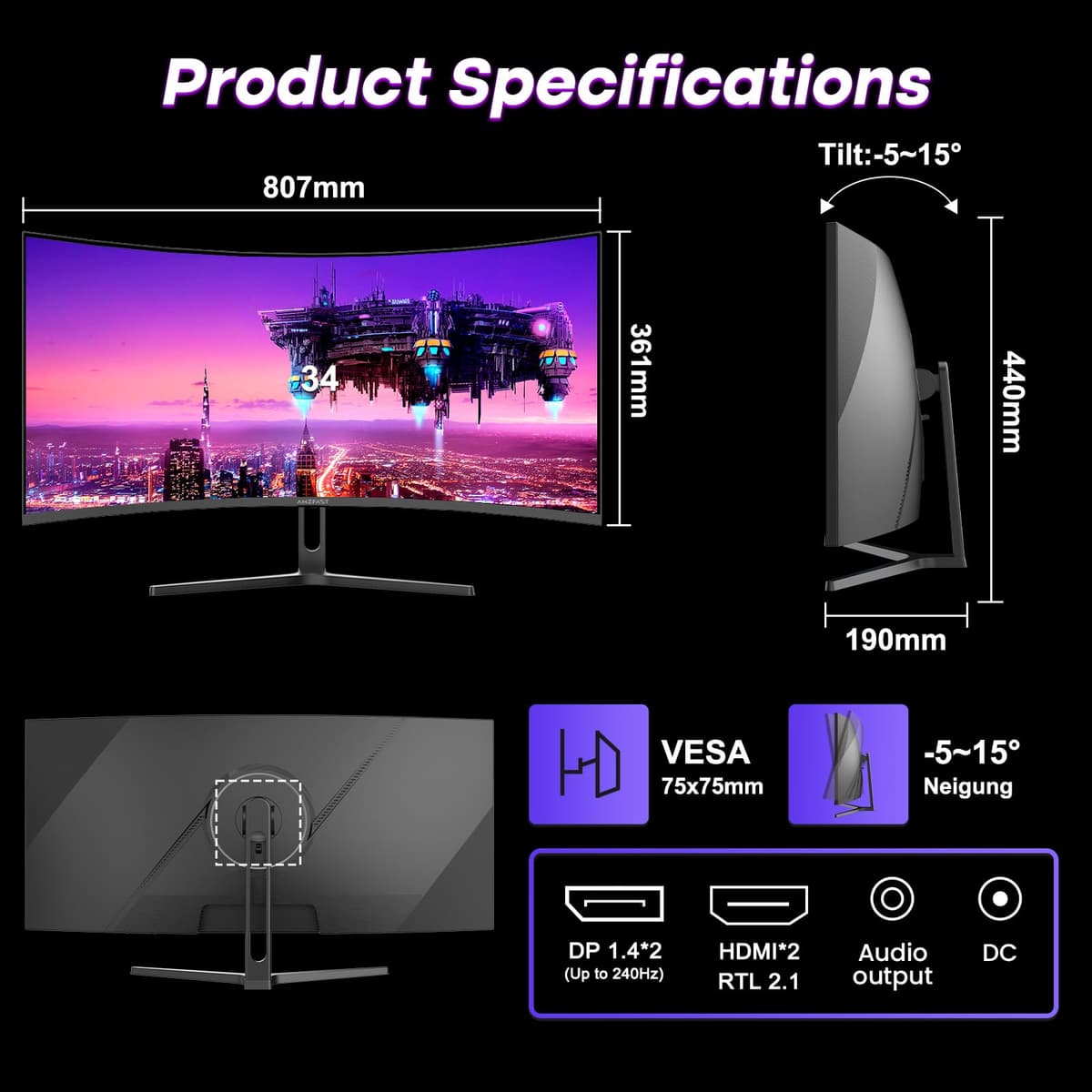 Amzfast 34 Inch Curved Gaming Monitor, 3440x1440p UWQHD, 240Hz, 1ms MPRT, 1500R Curved Screen, Adaptive Sync, HDR, 3000:1 Contrast, 130% sRGB, HDMI2.1&DP1.4, VESA 75x75mm, PIP/PBP, AMZG34C5Q Pro — view 9