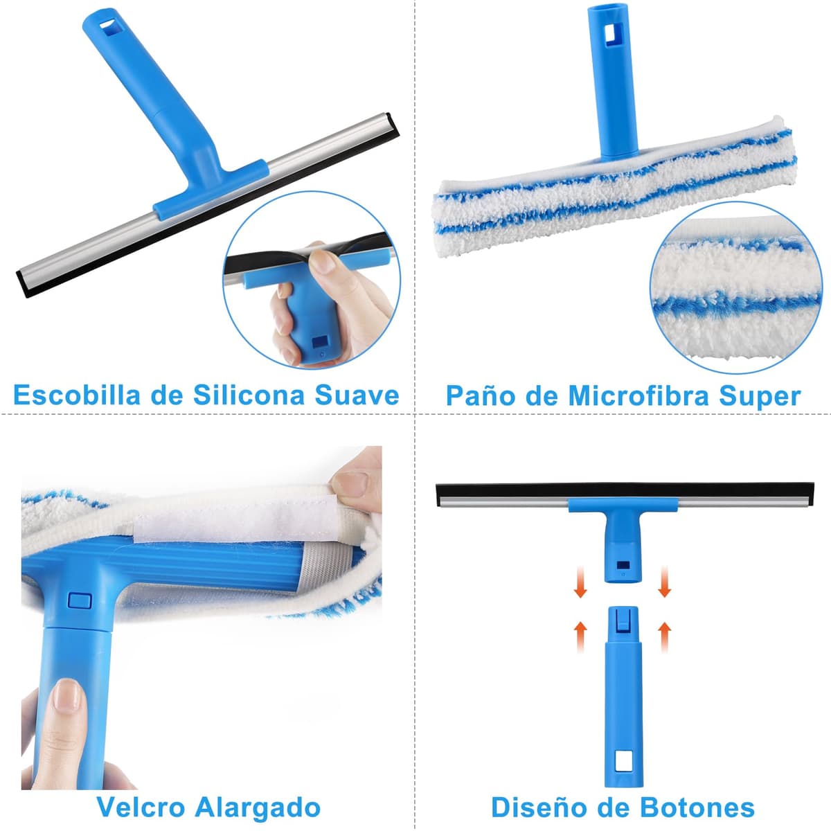 Mitclear Limpiacristales con Mango Extensible(146cm), Limpiador de Ventanas con Escobilla de Silicona & Paños de Microfibra, Kit Limpiacristales Profesional para Ducha Cristal Espejo Puerta Coche — view 4