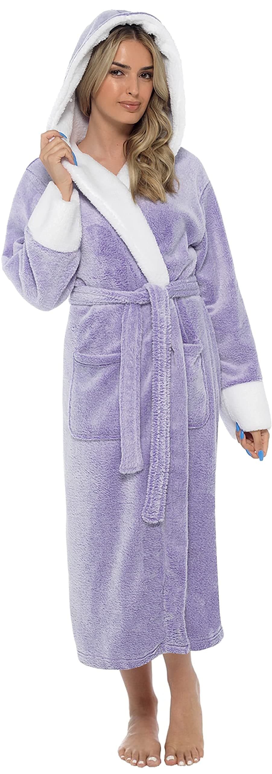 KATE MORGAN Ladies Dressing Gown Fluffy Super Soft Hooded Bathrobe for Women Plush Fleece Perfect Loungewear Long Robe | Gifts for Women