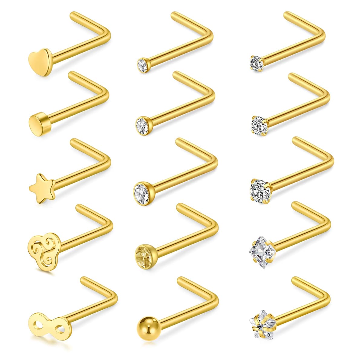WillTen 20G Nose Studs L Shape Women Nose Studs Colorful Diamond CZ Silver Stainless Steel Heart Start Piercing Jewelry — view 14