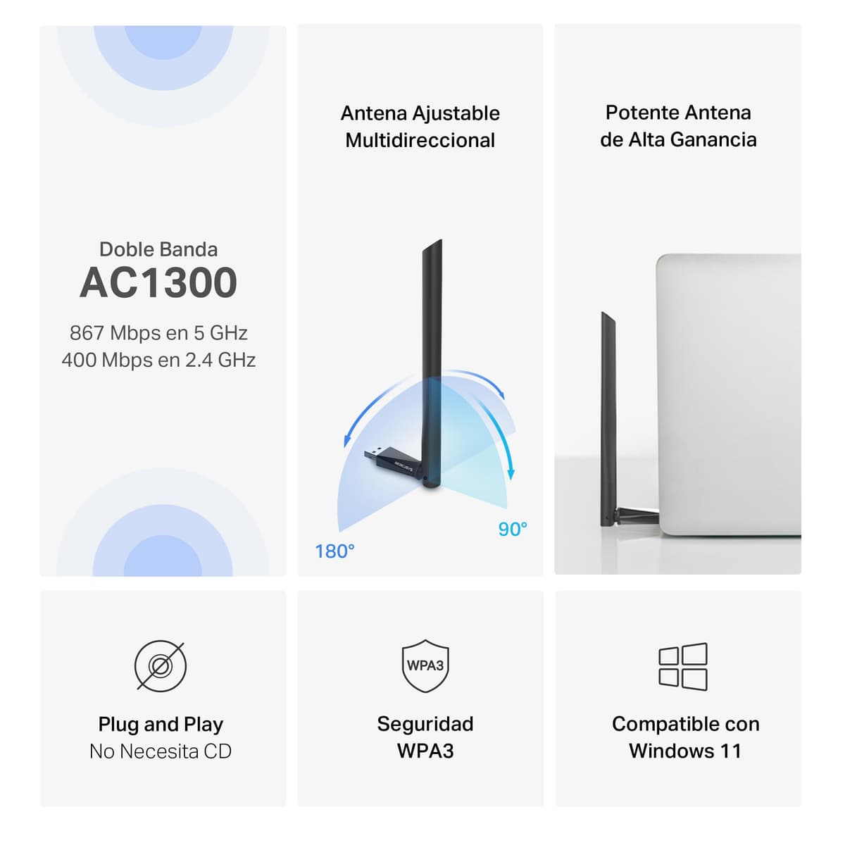 Mercusys MA30H - AC1300 Adaptador Wi-Fi Dual Band 5GHz/2.4GHz con Antena, para PC Desktop Laptop Tablet, Soporta Windows Compatible Windows 11/10 — view 4