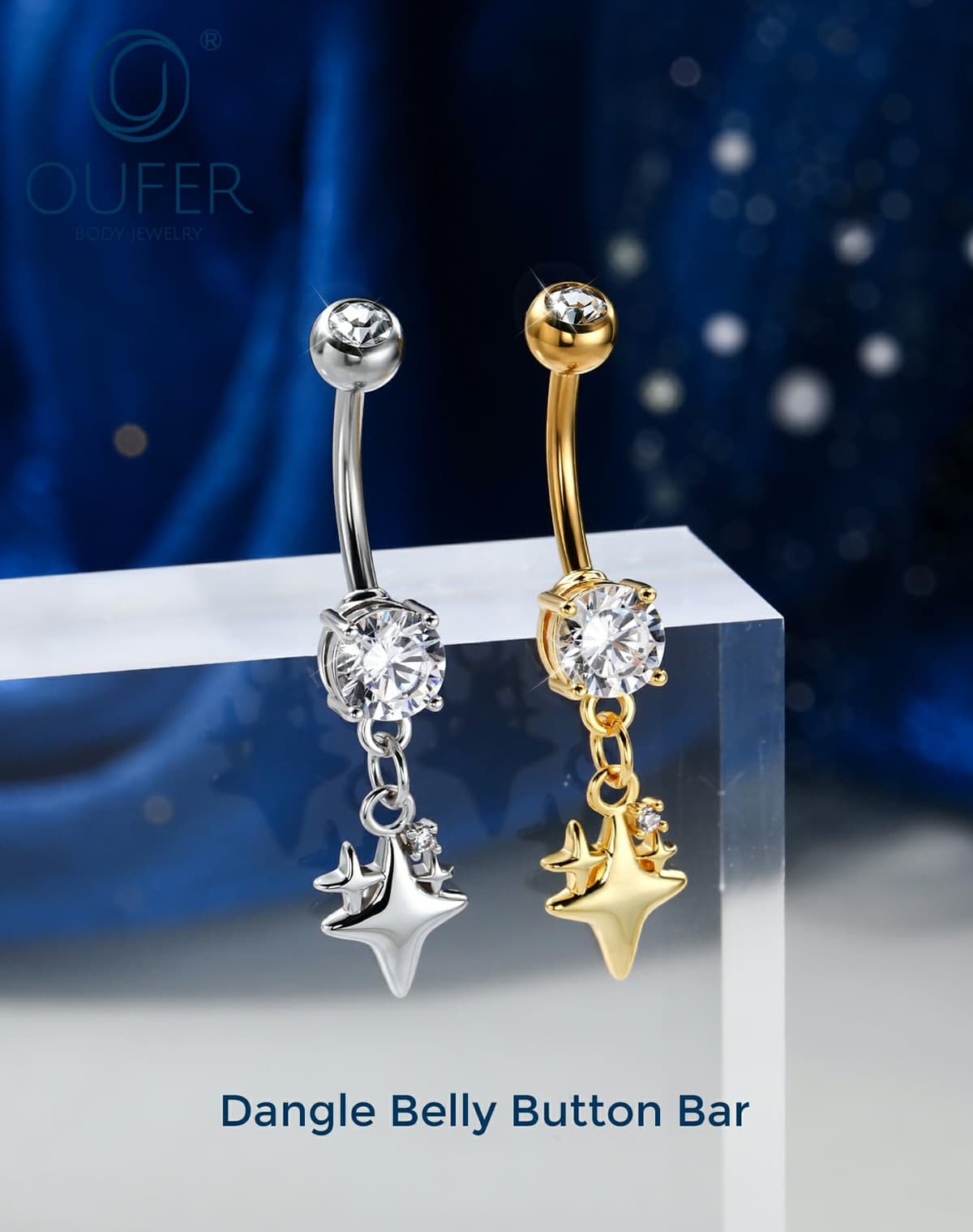 OUFER Body Piercing Belly Bar: 14G 316L Stainless Steel Navel Ring Star Dangle CZ Navel Piercing Jewellery Gold/Silver 1.6mm/10mm Belly BUtton Rings for Beach Party Women — view 2