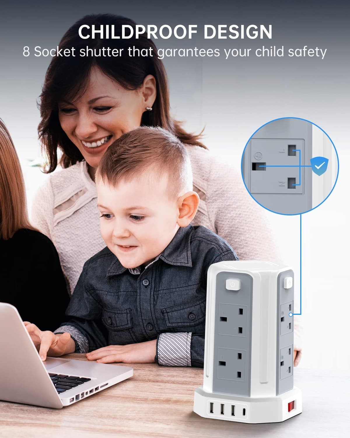 Tower Extension Lead 3M (3250W 13A) Extension Tower 8 AC Outlets & 4 USB Ports, Surge Protection Extension Lead with 4 Independent Switch, 17W USB C Ports Extension Cable 3M for Office, Home, Kitchen — view 8