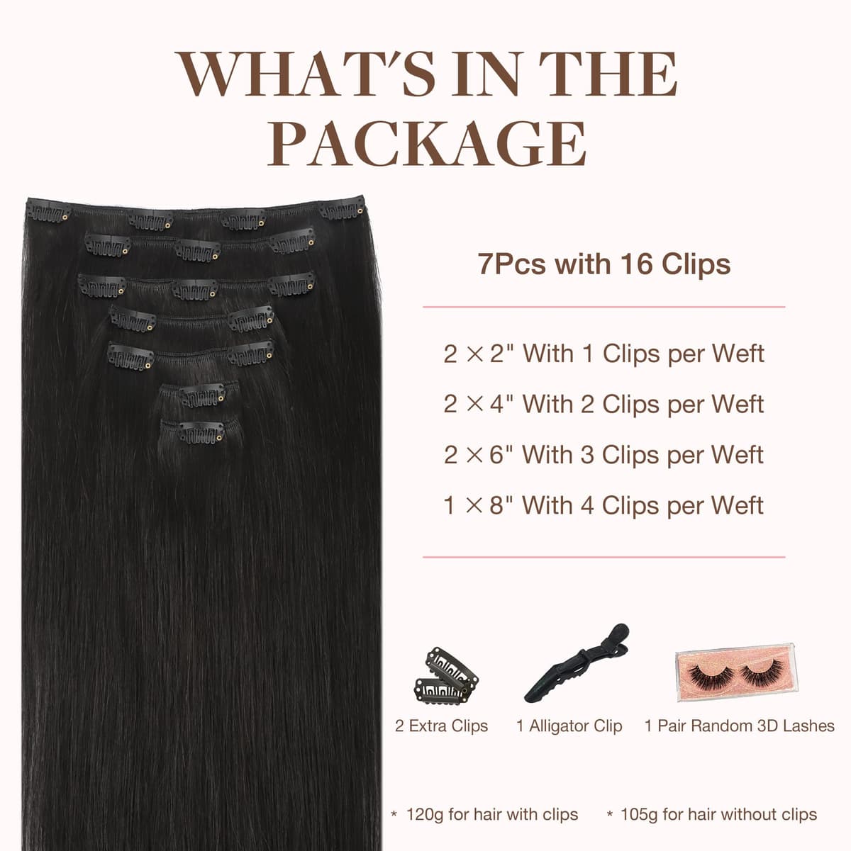GOO GOO Clip in Human Hair Extensions, 20inch 120g 7pcs, Hair Extensions Clip in, 1B Black — view 2