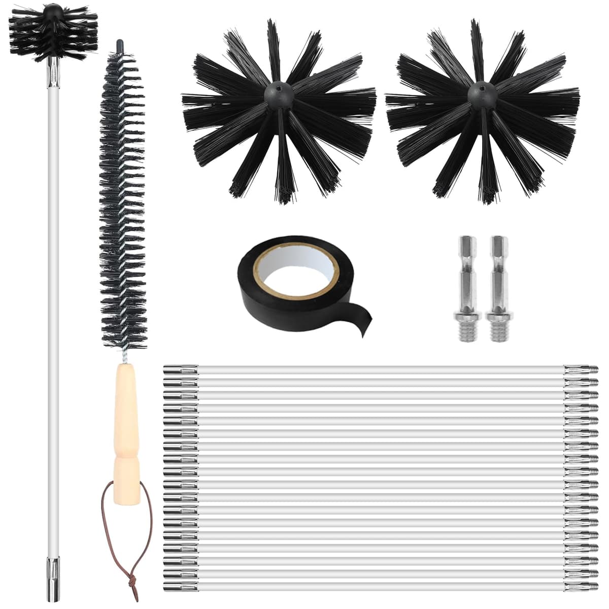 deshollinador de chimeneas, Juego de 24 Piezas para Limpieza con 18 Varillas de 41 cm, 2 Cabezas de Cepillo de 15 cm, 2 a Varilla Hexagonal de 4,5 cm, a Cepillo con Mango de Madera de 38 cm