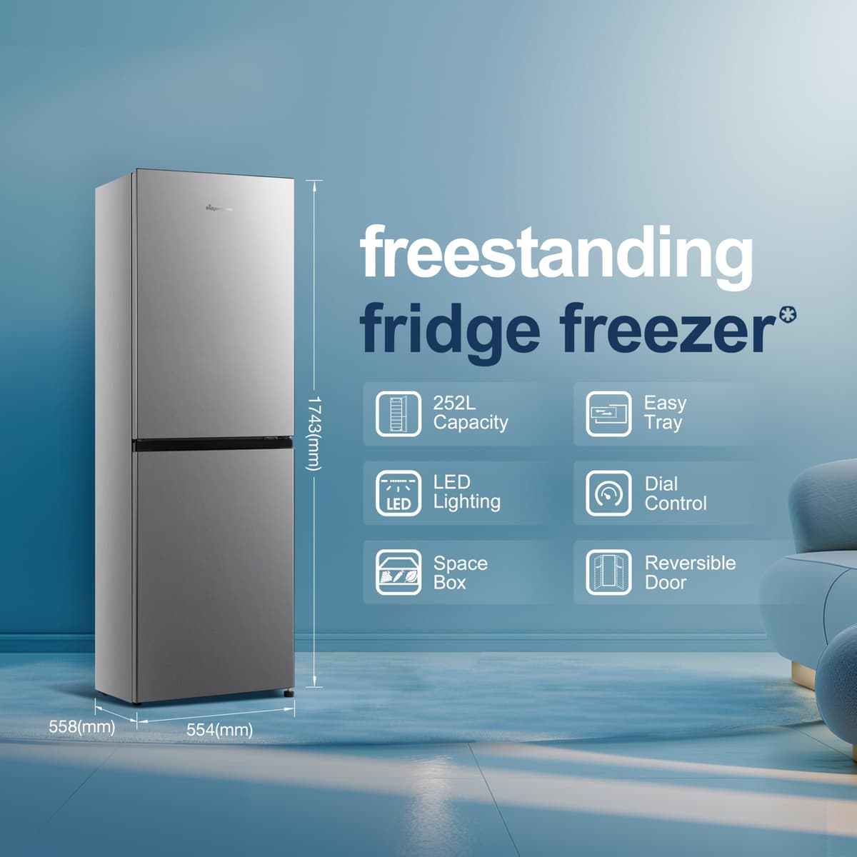 Fridgemaster MC55240ES 55cm Freestanding 252L 50/50 Fridge Freezer - LED Lighting, Silver - E Rated, H174.3 x W55.4 x D55.8 (cm) — view 2