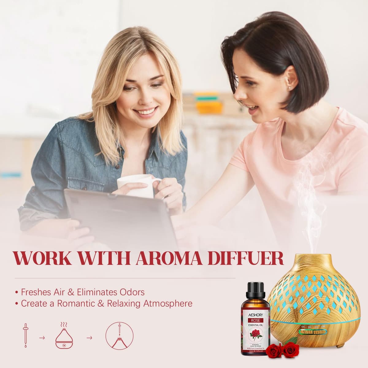 AESHORY Aceite Esencial de Rosa 50ML, Natural Aceite de Aromaterapia de Rosa, Aceites de Fragancia Premium para Humidificador, Masaje, Baño, Cuidado la Piel, Relajación y Calma — view 3