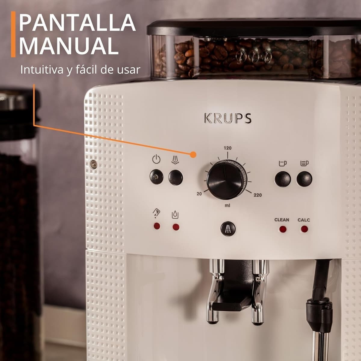 Krups Roma, Cafetera superautomática, Depósito de agua 1,6 L, 3 niveles de temperatura, 3 niveles de intensidad, 15 bares, Molinillo cónico de metal, Panel de control fácil, Blanca, EA8105 — view 2