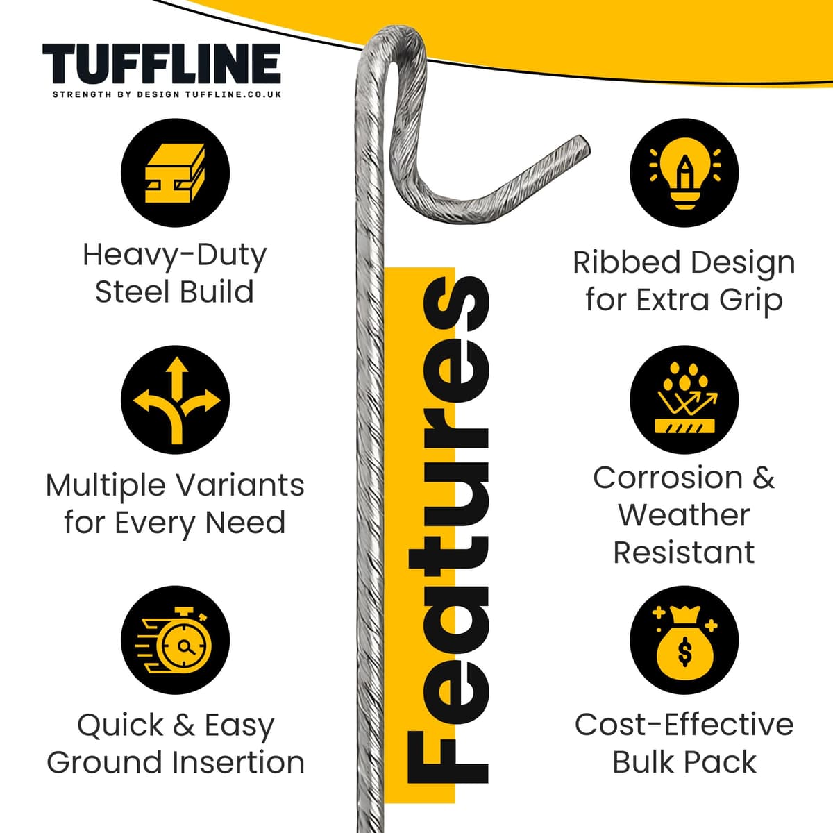 Fencing Pins 125cm – Pack of 10 – Standard, Black Coated, Galvanised, Ribbed, Ribbed Galvanised – Heavy Duty Temporary Fence Posts (Black Coated) — view 3